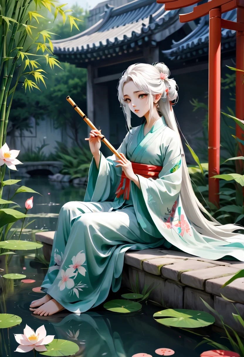 Graffiti漫画，Graffiti, wall, whole picture, High resolution and high contrast,simple,two-dimensional, Ancient, spring garden, outdoor, white hair, Hanfu, nature, There is a pool in the center of the courtyard, Begonia floating in the pond, Girl sitting on the bench in the corridor, Wearing a transparent feather robe, holding bamboo flute, casual body posture, intricate details, best quality, Ray tracing, rendering, 8k, masterpiece