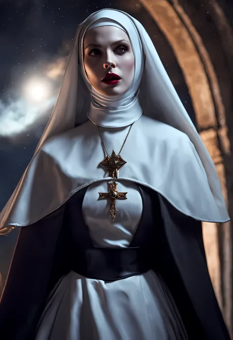 a picture of an exquisite beautiful female action shot (nun: 1.3) vampire standing under the starry night sky on the porch of he...