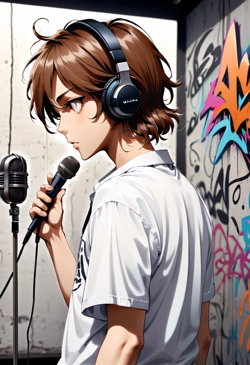 Graffiti漫画，Graffiti, wall, whole picture, High resolution and high contrast,simple,masterpiece, best quality, super detailed, illustration,, Recording studio, alone, microphone, earphone, actual, brown hair, shirt, cable, white shirt, from behind, microphone, microphone stand,  