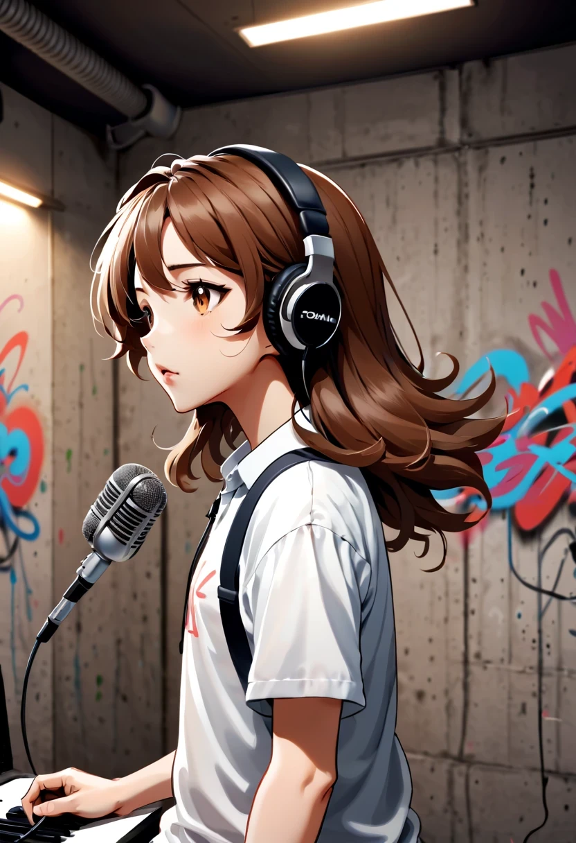 Graffiti Comics，Graffiti, wall, whole picture, High resolution and high contrast,simple,masterpiece, best quality, super detailed, illustration,, Recording studio, alone, microphone, earphone, current, brown hair, shirt, cable, white shirt, from behind, microphone, microphone stand,  