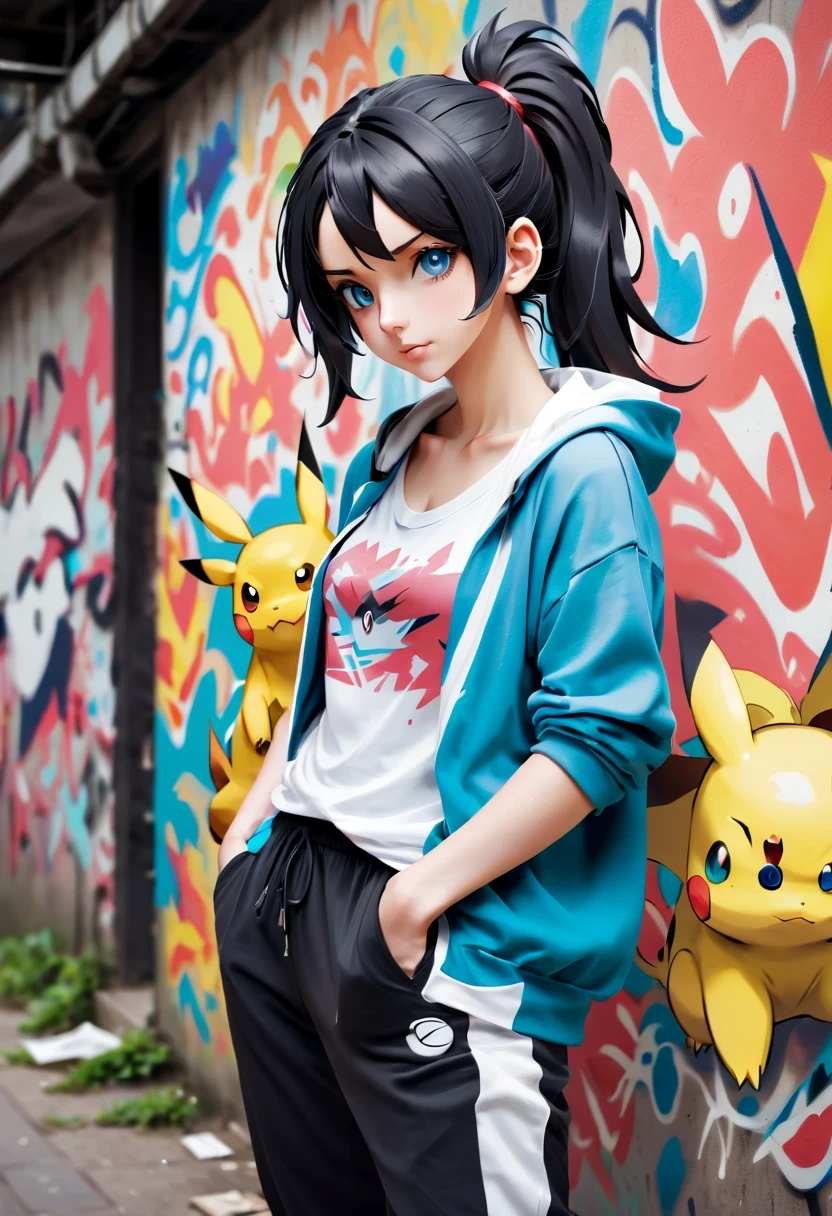 Graffiti漫画，Graffiti, wall, whole picture, High resolution and high contrast,simple,1 girl, alone, masterpiece, the best_quality, photo shoot, looking at camera, young adult gadwa, tired expression, Pokemon, Pokemon (game), game freak, Nintendo, (porcelain skin), blue eyes, (black hair), (messy ponytail), black cardigan, Loose T-shirt, black sweatpants, gen 3 Pokemon, Pokemon (biology), White skin, specific background, tilt