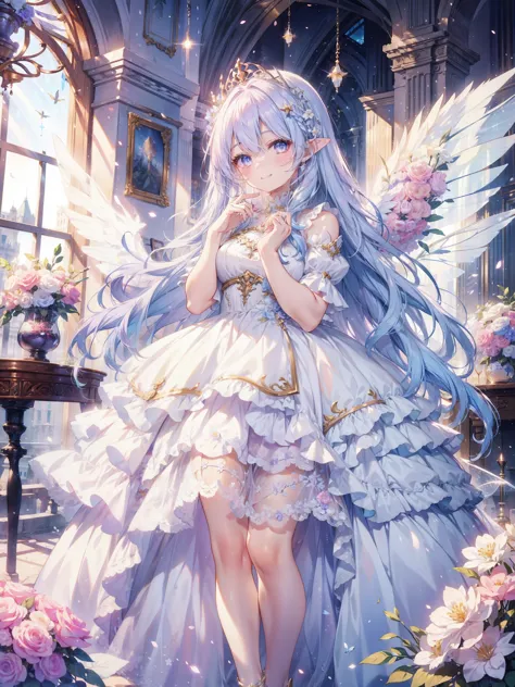 soft expression,((light smile,Happy:1.5))((Sparkling fluffy layered ball gown)),A large and beautiful dress inspired by rose flowers, lots of flowers、frills、Intricate billowy ball gown with rhinestones ( table top, art station, fantasy art:1.2), See here,S...