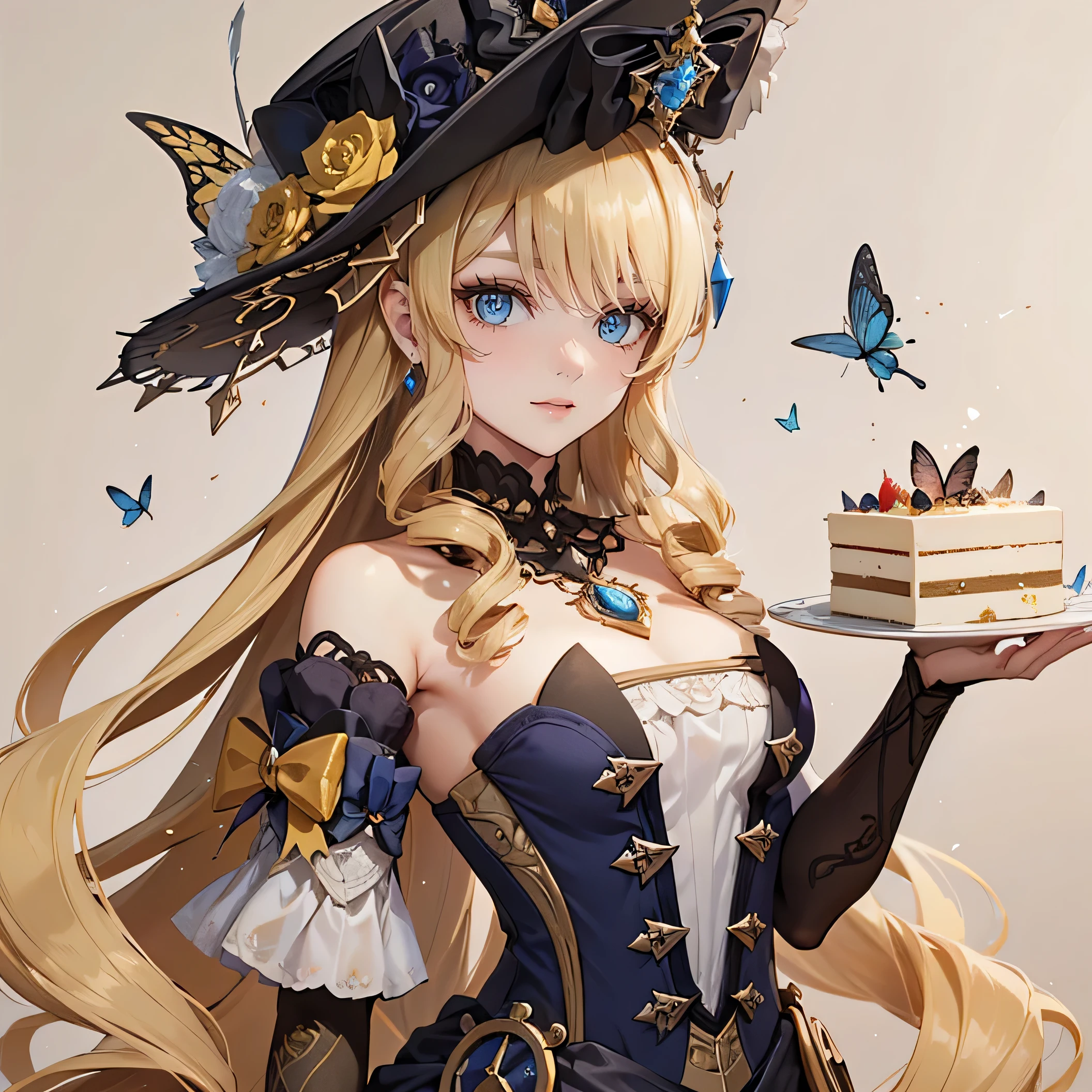 The girl has beautifully detailed eyes and a kind smile on her face....... The girl holds a plate with cake in her hand............butterflies fly on a beige background many yellow flowers in steampunk style .... The work must be of the highest quality.., be a masterpiece, and have high resolution details.,Girl up to the waist, It has 