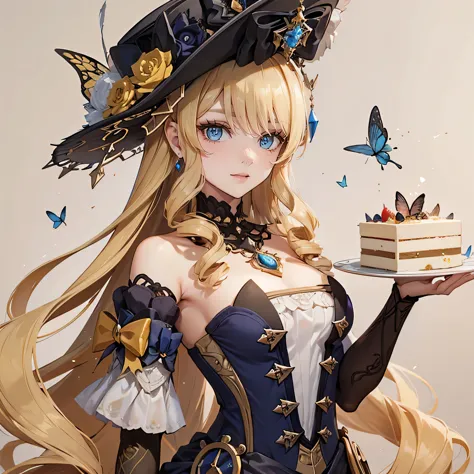 The girl has beautifully detailed eyes and a kind smile on her face....... The girl holds a plate with cake in her hand............
