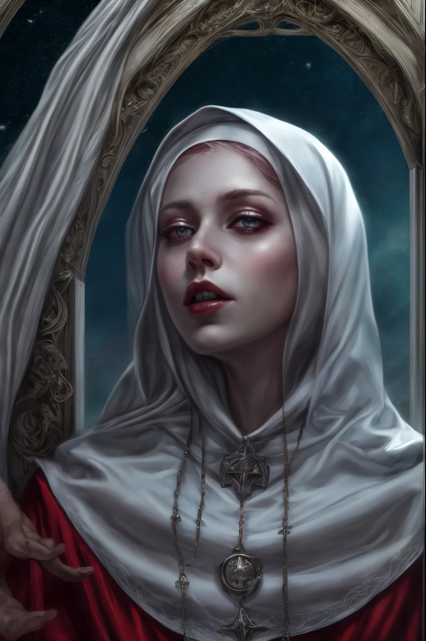 a picture of an exquisite beautiful female (nun: 1.3) vampire standing under the starry night sky on the porch of her monastary, dynamic angle (ultra detailed, Masterpiece, best quality), ultra detailed face (ultra detailed, Masterpiece, best quality), ultra feminine, (pale skin: 1.3), red hair, wavy hair, dynamic eyes color, cold eyes, glowing eyes, intense eyes, dark red lips, [fangs], wearing white nun habit (ultra detailed, Masterpiece, best quality), wearing blue cloak (ultra detailed, Masterpiece, best quality), long cloak, flowing cloak (ultra detailed, Masterpiece, best quality), wearing high heeled boots, sky full of stars background, moon, bats flying about, action shot, high details, best quality, 16k, [ultra detailed], masterpiece, best quality, (ultra detailed), full body, ultra wide shot, photorealism, dark fantasy art, dark fantasy art, gothic art, many stars, dark fantasy art, gothic art, sense of dread, bloodmagic