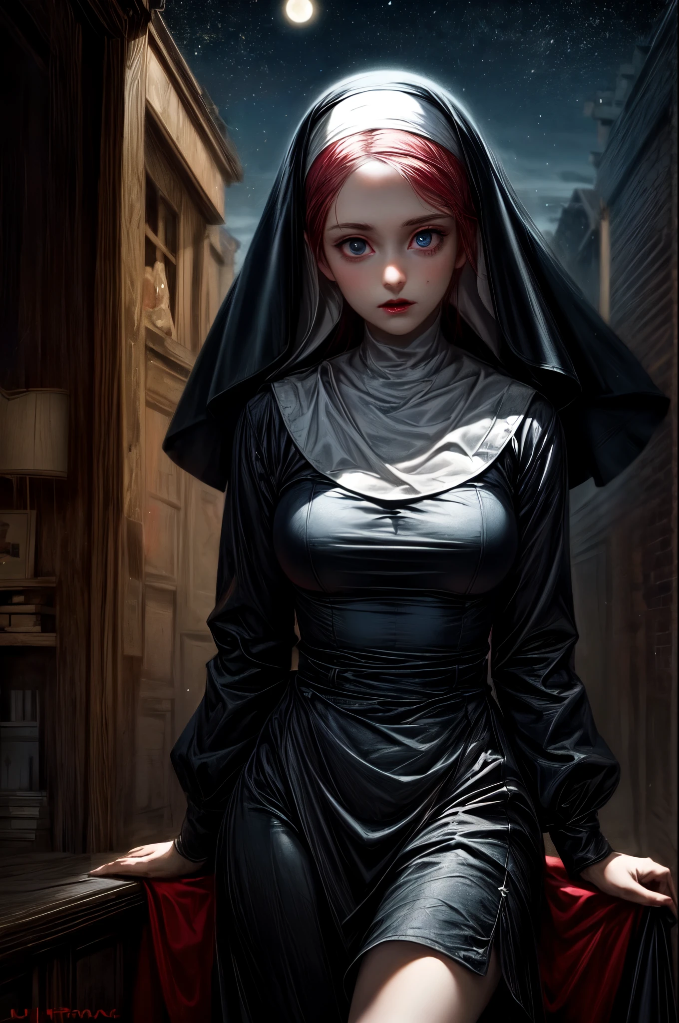 a picture of an exquisite beautiful female (nun: 1.3) vampire standing under the starry night sky on the porch of her monastary, action shot, dynamic angle (ultra detailed, Masterpiece, best quality), ultra detailed face (ultra detailed, Masterpiece, best quality), ultra feminine, (pale skin: 1.3), red hair, wavy hair, dynamic eyes color, cold eyes, glowing eyes, intense eyes, dark red lips, [fangs], wearing white nun habit (ultra detailed, Masterpiece, best quality), wearing blue cloak (ultra detailed, Masterpiece, best quality), long cloak, flowing cloak (ultra detailed, Masterpiece, best quality), wearing high heeled boots, sky full of stars background, moon, bats flying about, action shot, high details, best quality, 16k, [ultra detailed], masterpiece, best quality, (ultra detailed), full body, ultra wide shot, photorealism, dark fantasy art, dark fantasy art, gothic art, many stars, dark fantasy art, gothic art, sense of dread, bloodmagic