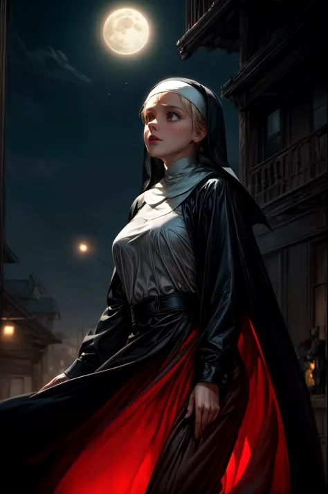 a picture of an exquisite beautiful female (nun: 1.3) vampire standing under the starry night sky on the porch of her monastary,...