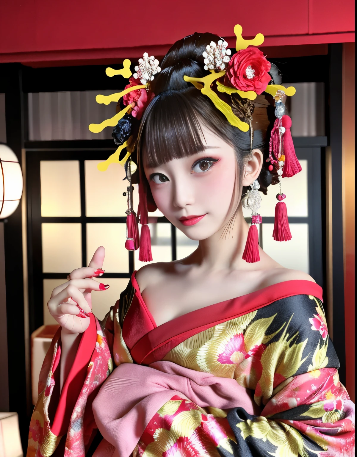 4k, masterpiece, High resolution, disorganized,Natural volumetric lighting and best shadows, 笑face,deep い is written in the depth of the world,soft delicate beautiful attractive face, beautiful edge courtesan_woman, a woman in a kimono posing for a picture  ,perfect edge courtesan_face,perfect edge courtesan_body,edgOiran_compensate,edgOiran_hairstyle