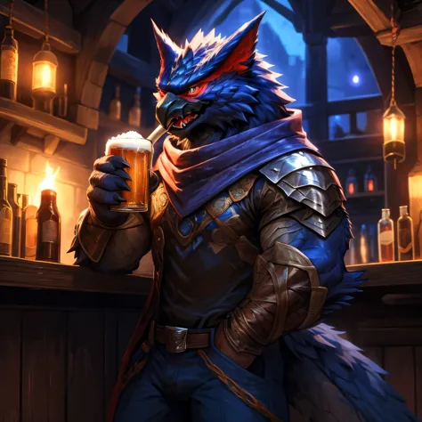 muscular nargacuga drinking beer inside a medieval bar, hd, 4k, high resolution, best quality, perfect colors, perfect shadow, p...