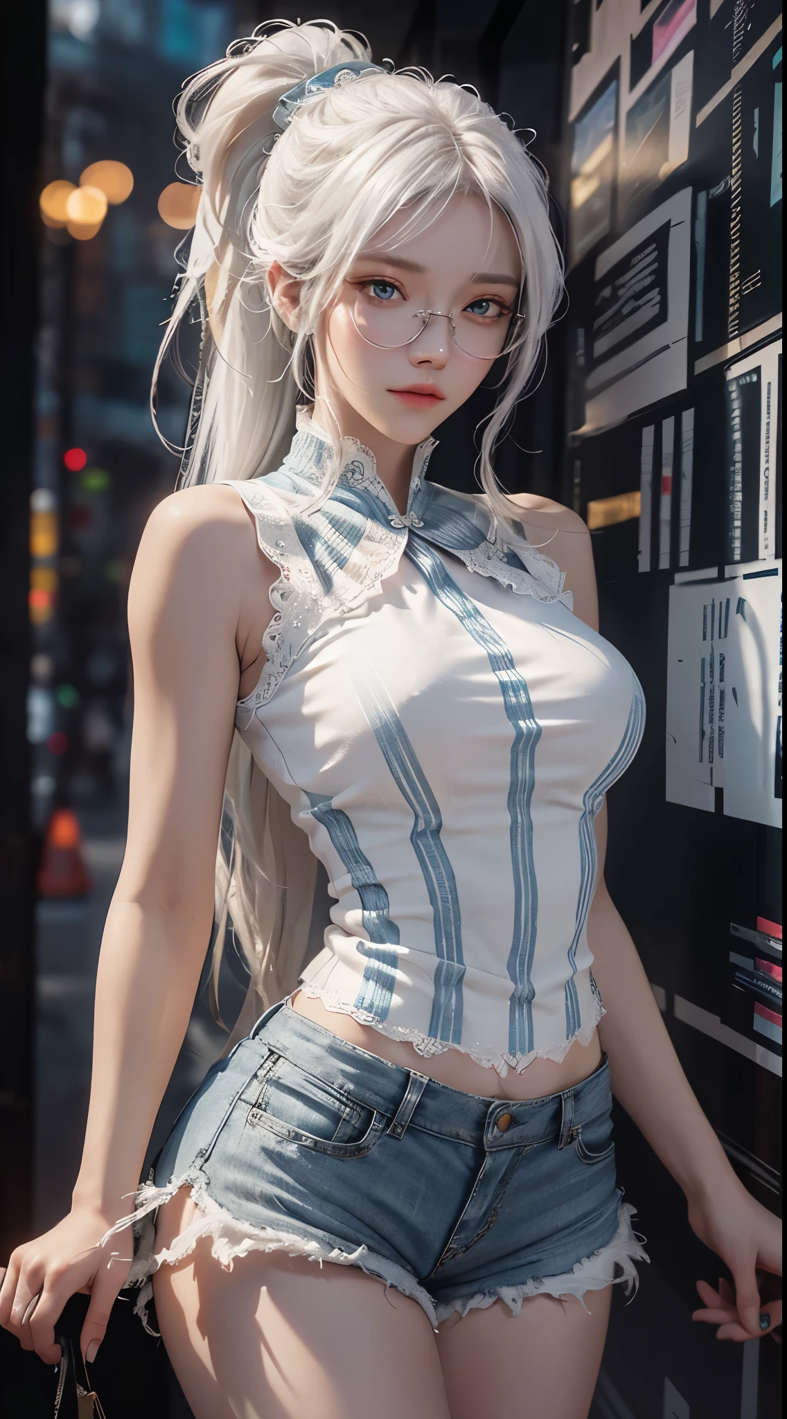 a white hair、Close-up of woman with dragon horns, beautiful figure painting, guweiz, Gurwitz style artwork, White-haired God, author：Yang Jie, Epic and beautiful character art, Stunning character art, author：Fan Qi, by Wuzhun Shifan, guweiz from pixiv art station street, single ponytail, Insult, high ponytail, tall figure, long legs, (sleeveless lace shirt), (shorts), (striped )), ((striped )), Walk, elegant, dignified, feminine, graceful curves, sweet smile, Strong sense of detail and layering, Colorful and gorgeous, Has a unique texture, rich and colorful, Color harmony, vivid, design art, 16k, super detailed, {{illustration}}, {extremely delicate and beautiful}, {Exquisite surface treatment}, super detailed, Exquisite glowing Eyeovie lights}}, Extreme light effects, Model: realism, CFG scale: 12, Laura: Bright texture (1.35), high quality, masterpiece, Exquisite facial features, Delicate hair depiction, Detailed depiction of eyes, masterpiece, best quality, Ray tracing, Extremely detailed CG unified 8k wallpaper, masterpiece, best quality, (1 girl), perfect female figure, (((Skinny white T-shirt))), beautiful eyes, (delicate face), short black hair, hair tied up, Light blue hairpins, Black silk frame glasses, in the classroom, (White skin), (best lighting), (Super intricate details), 4K unified, (super detailed CG), Showing white legs, , hot pants, shorts,