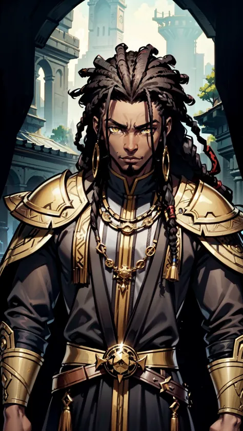 (Concept Art) of an (African-American) male, with dark black (dreadlocks), yellow eyes, dark (brown skin), (regal assassin), sit...