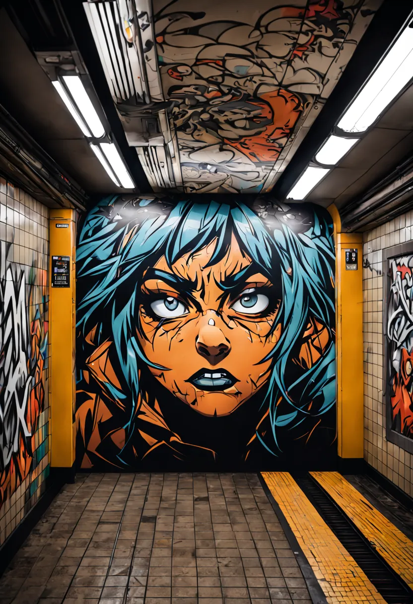 Gritty subway station with realistic graffiti art in the style of a graphic novel, intense expressions on characters' faces, und...