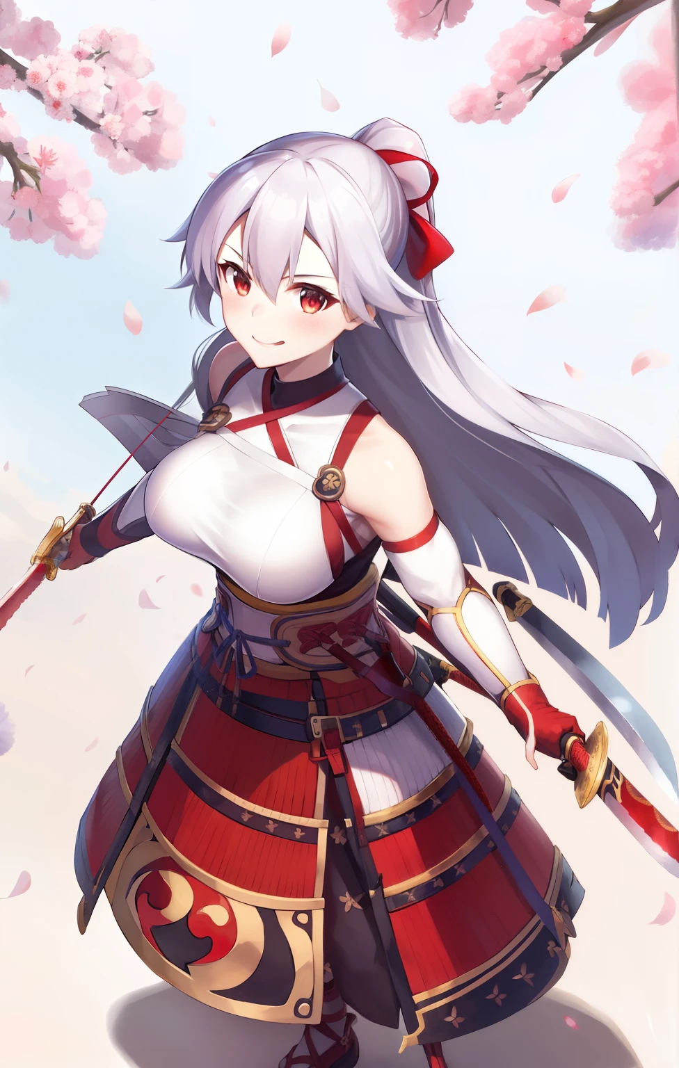 default archer, first costume, 1 girl, arms, alone, sword, knife, looking at the viewer, open your mouth, holding, From above, cherry blossoms, sheath, petal, holding arms, holding sword, smile, Are standing
 