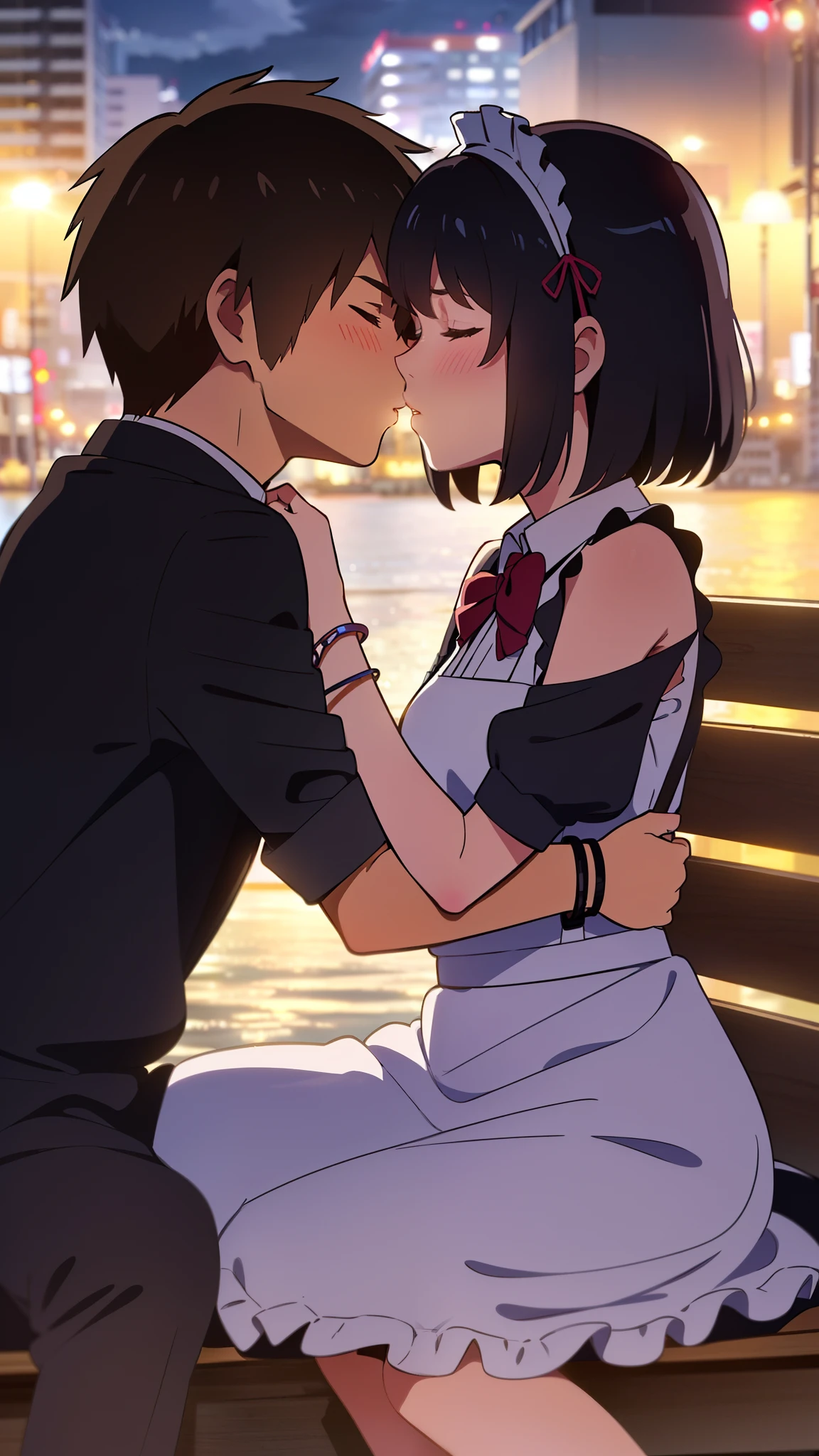 Anime couple kissing on a bench in a city at night - SeaArt AI