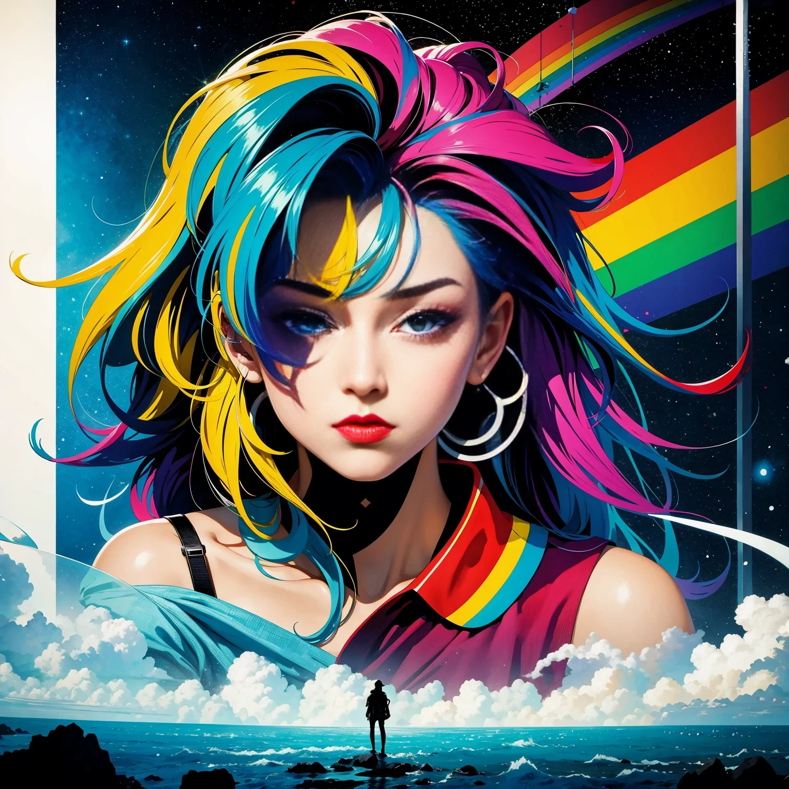 (masterpiece, best quality:1.2), Graffiti漫画，Graffiti, wall, whole picture, High resolution and high contrast,simple,knight，alone，Abstract surreal colors, popular geometric surrealism, rainbow colored dreams