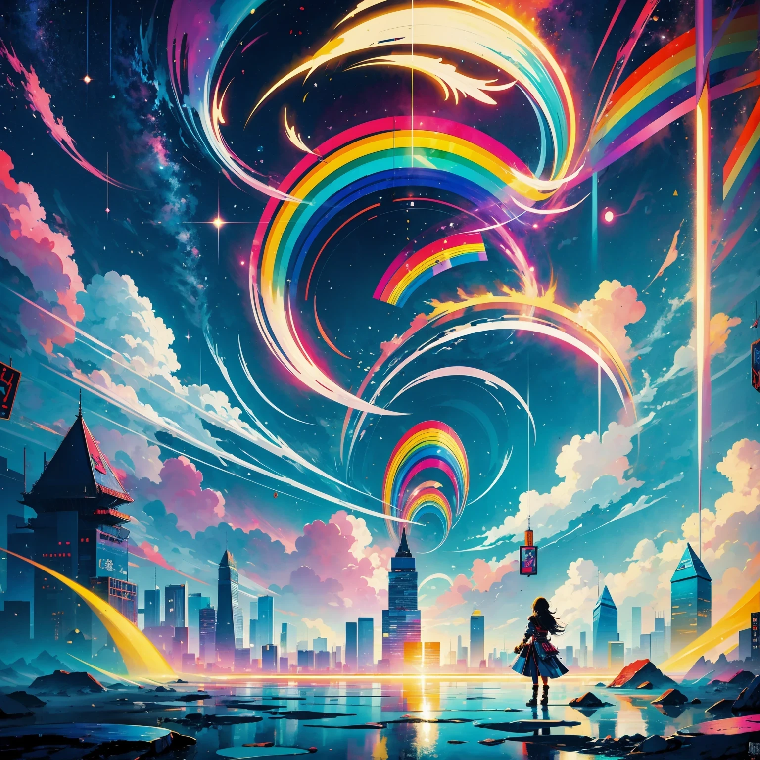 (masterpiece, best quality:1.2), Graffiti漫画，Graffiti, wall, whole picture, High resolution and high contrast,simple,knight，alone，Abstract surreal colors, popular geometric surrealism, rainbow colored dreams