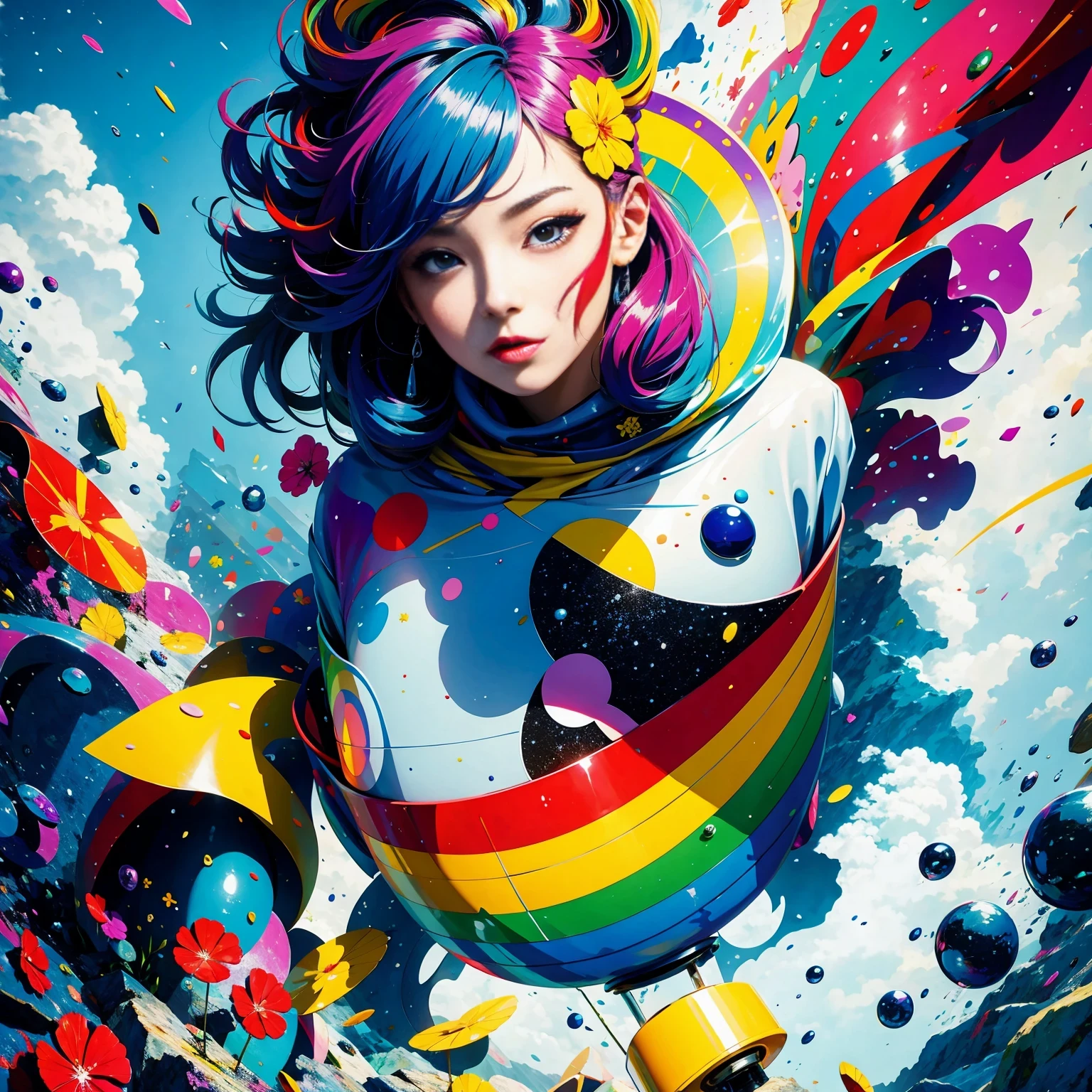 (masterpiece, best quality:1.2), Graffiti漫画，Graffiti, wall, whole picture, High resolution and high contrast,simple,knight，alone，Abstract surreal colors, popular geometric surrealism, rainbow colored dreams