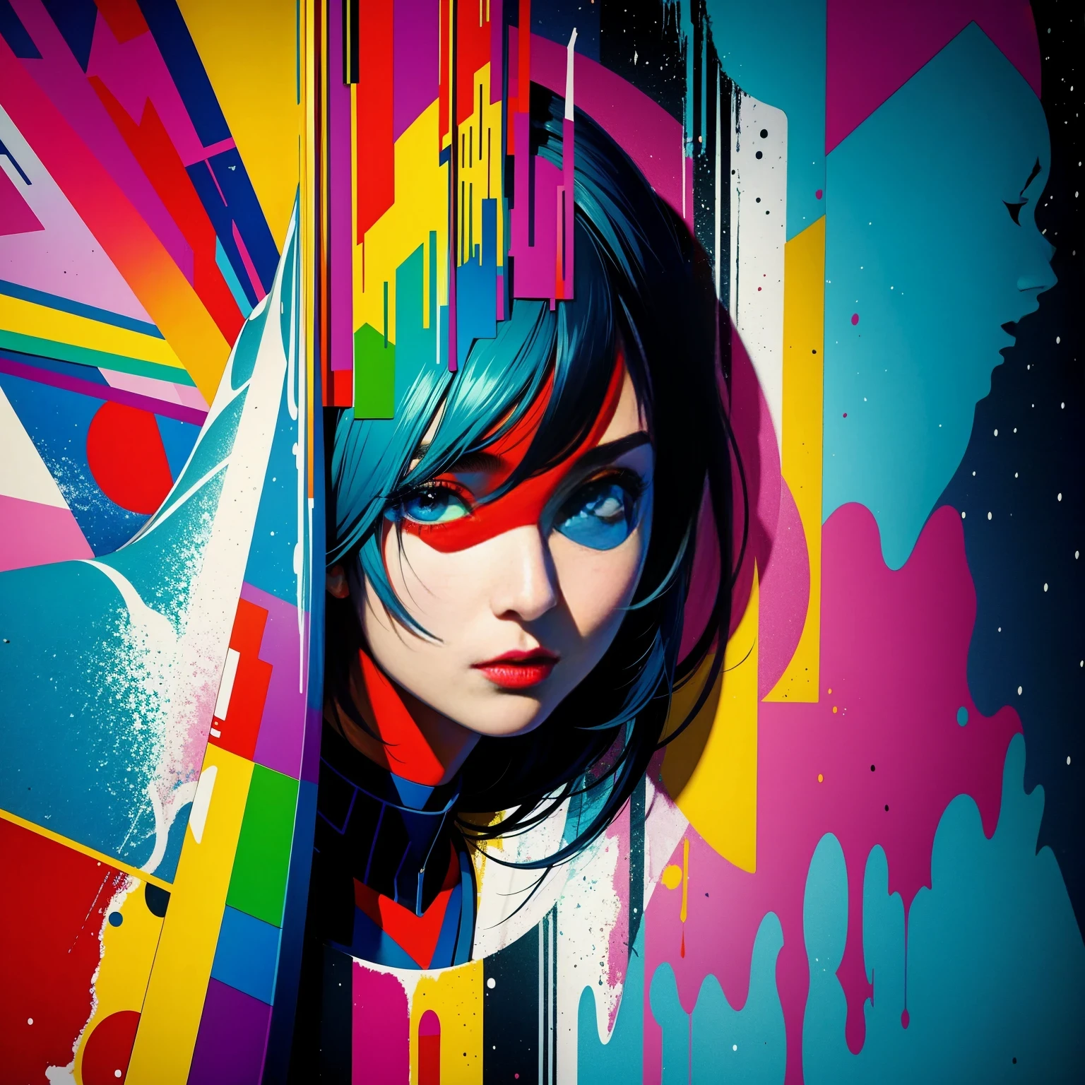 (masterpiece, best quality:1.2), Graffiti漫画，Graffiti, wall, whole picture, High resolution and high contrast,simple,knight，alone，Abstract surreal colors, popular geometric surrealism, rainbow colored dreams