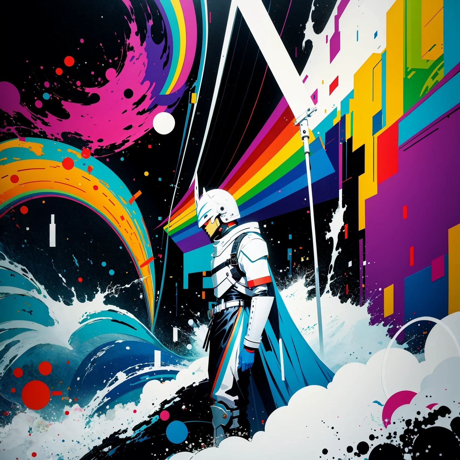 (masterpiece, best quality:1.2), Graffiti漫画，Graffiti, wall, whole picture, High resolution and high contrast,simple,knight，alone，Abstract surreal colors, popular geometric surrealism, rainbow colored dreams