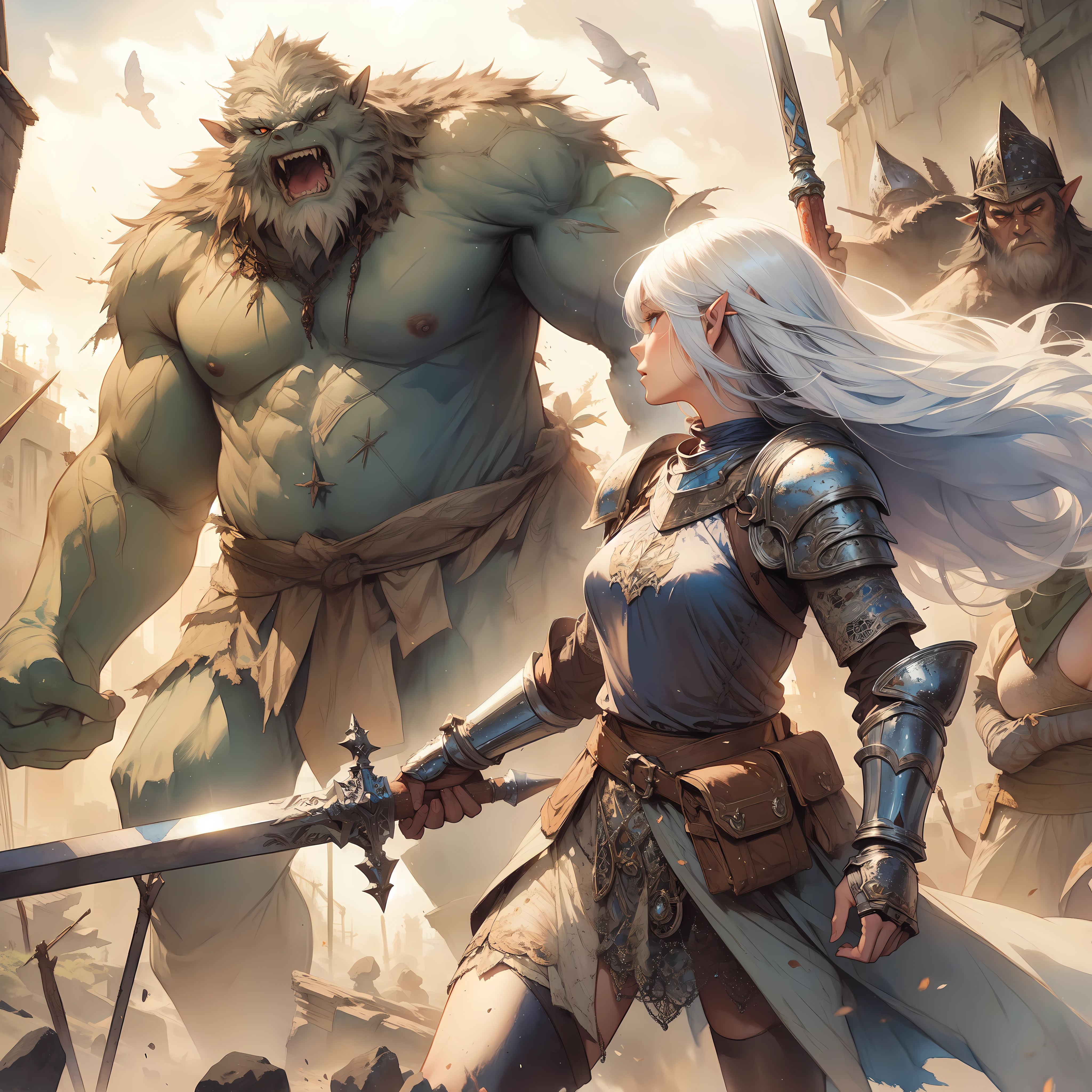 path an medium white haired (elf) female knight, detailed face, blue eyes, medium breast, against giants ogre, A warrior hailing from a distant land far from the comforts of civilization, cinematic dynamic Angle, Hayao Miyazaki, Mikimoto Haruhiko, frank frazetta, Cinematic Dramatic atmosphere, fantasy, 8k, watercolor painting