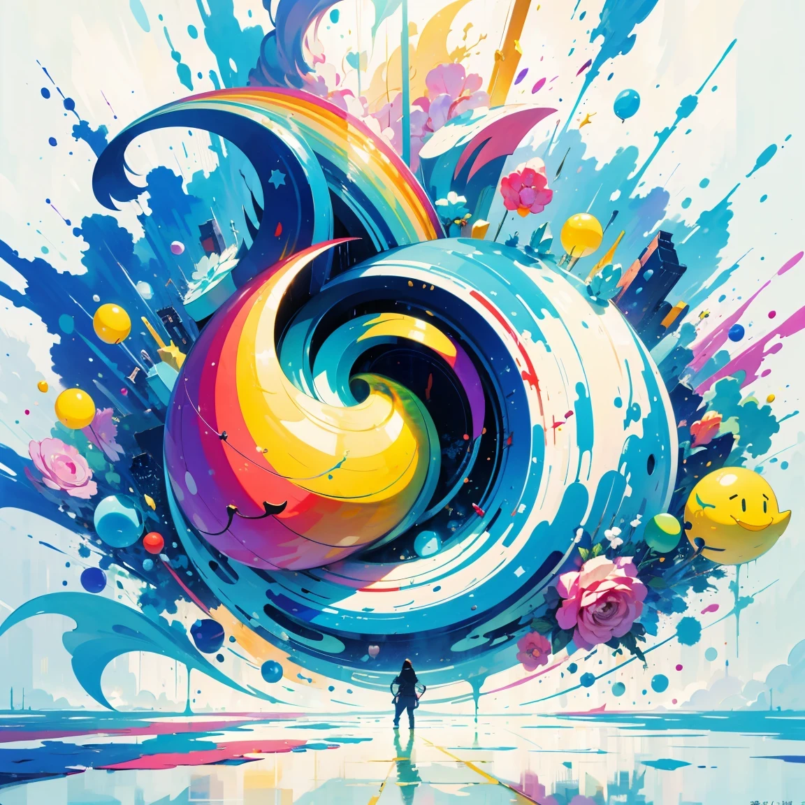 (masterpiece, best quality:1.2), Graffiti漫画，Graffiti, wall, whole picture, High resolution and high contrast,simple,knight，alone，Abstract surreal colors, popular geometric surrealism, rainbow colored dreams