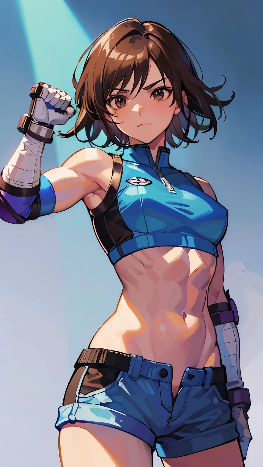 "(masterpiece、premium quality:1.2)、alone、1 girl(Asuka Kazama、muscular woman、short brown hair、white skin、brown eyes)、cowboy shot、Faint smile、combat readiness、tight clothes、good for sports、crop top、shorts、(gloves:1.1)、internal、elbow pad、abdomen、trained abdominal muscles、trained biceps