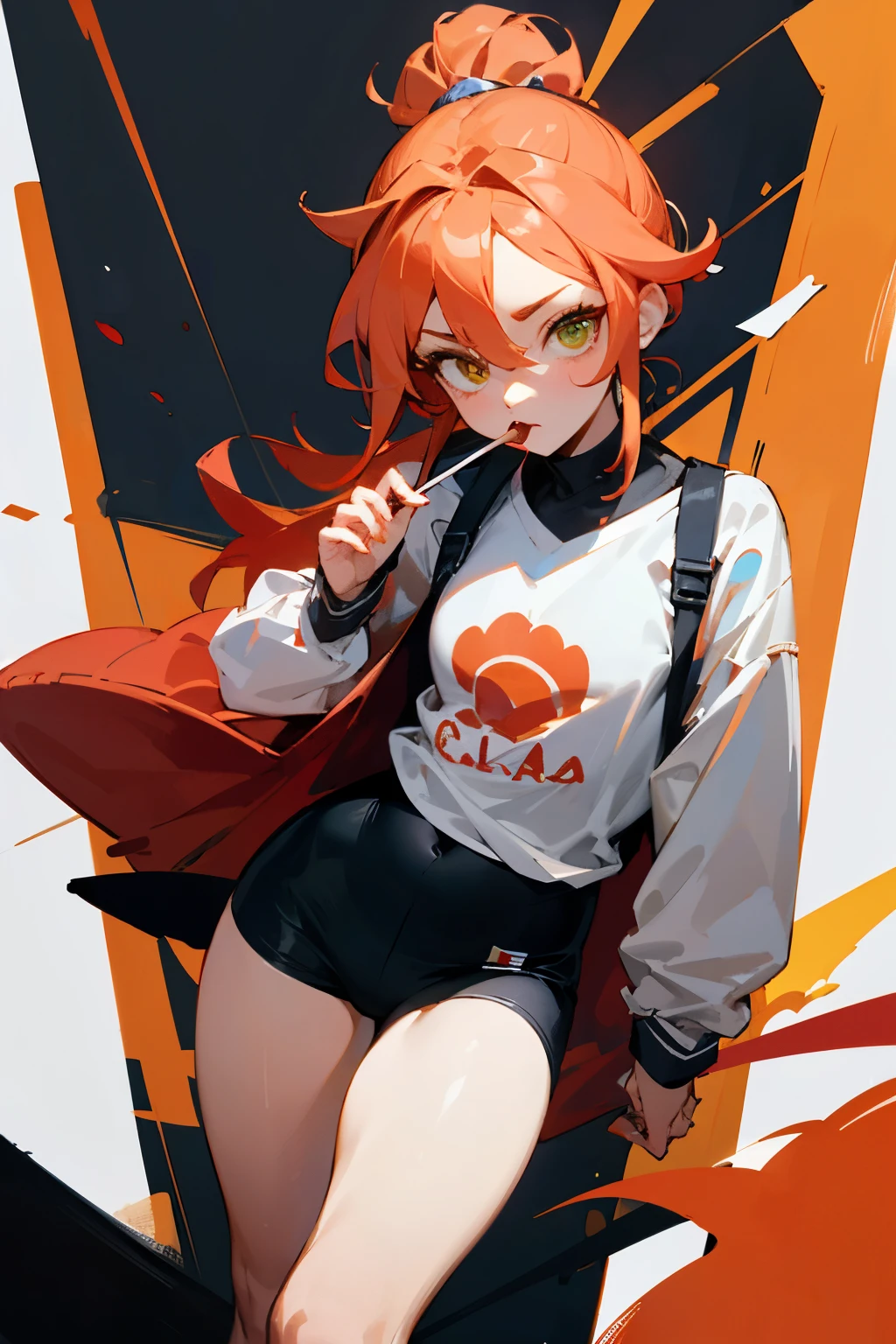 Anime girl with orange hair and a white shirt and black shorts - SeaArt AI