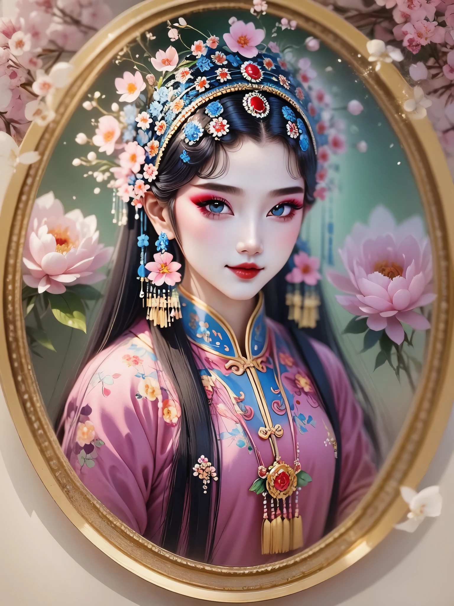 (masterpiece, best quality:1.2，lifelike：1.37), antiquity，Chinese style illustrations：（1 girl，bust，portrait ），exquisite facial features，Detailed drawing of eyes，eyelash，blush，long hair，Exquisite makeup，Beautiful pearls on the head，blue华丽的汉服，Garden background blurred，Simple，glowing butterfly，blue：1.37，huge peony flower：1.37