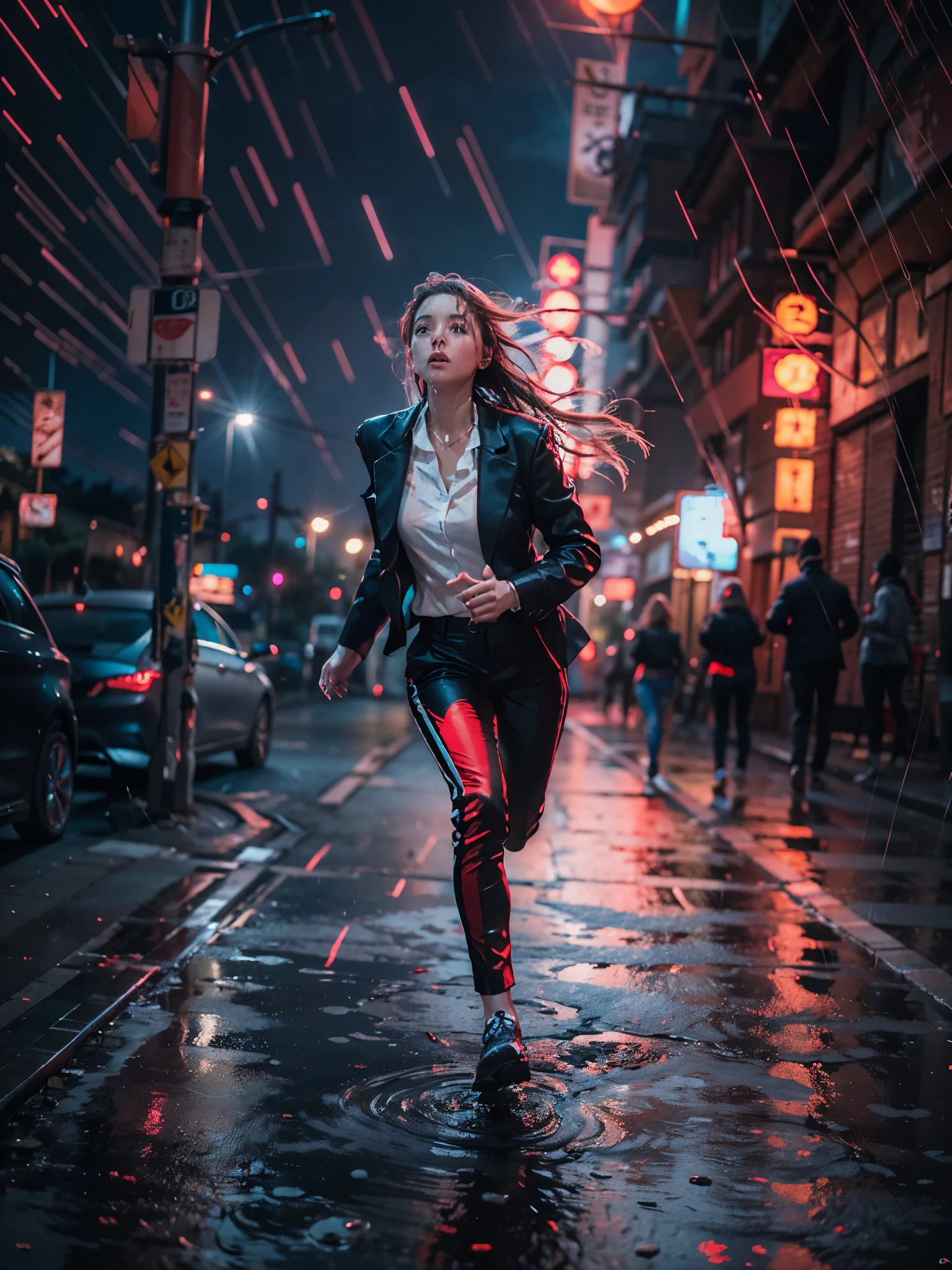 (best quality),(realistic),(masterpiece),(realistic lightning),(photorealistic) (HDR), (16K),(cinematic style), (cinematic light), a one beautiful girl, ((in a black suit jacket. white shirt and black trousers)), wet clothes, ((running down a night street)), (it's raining), (portraying the motion and grace of running, showing the wind blowing her hair and clothes, and the scenery of her surroundings), (neon red light falls on her back), photographed on a Sony a9 II, 24mm wide angle lens, sharp focus, (cinematic film stil) 