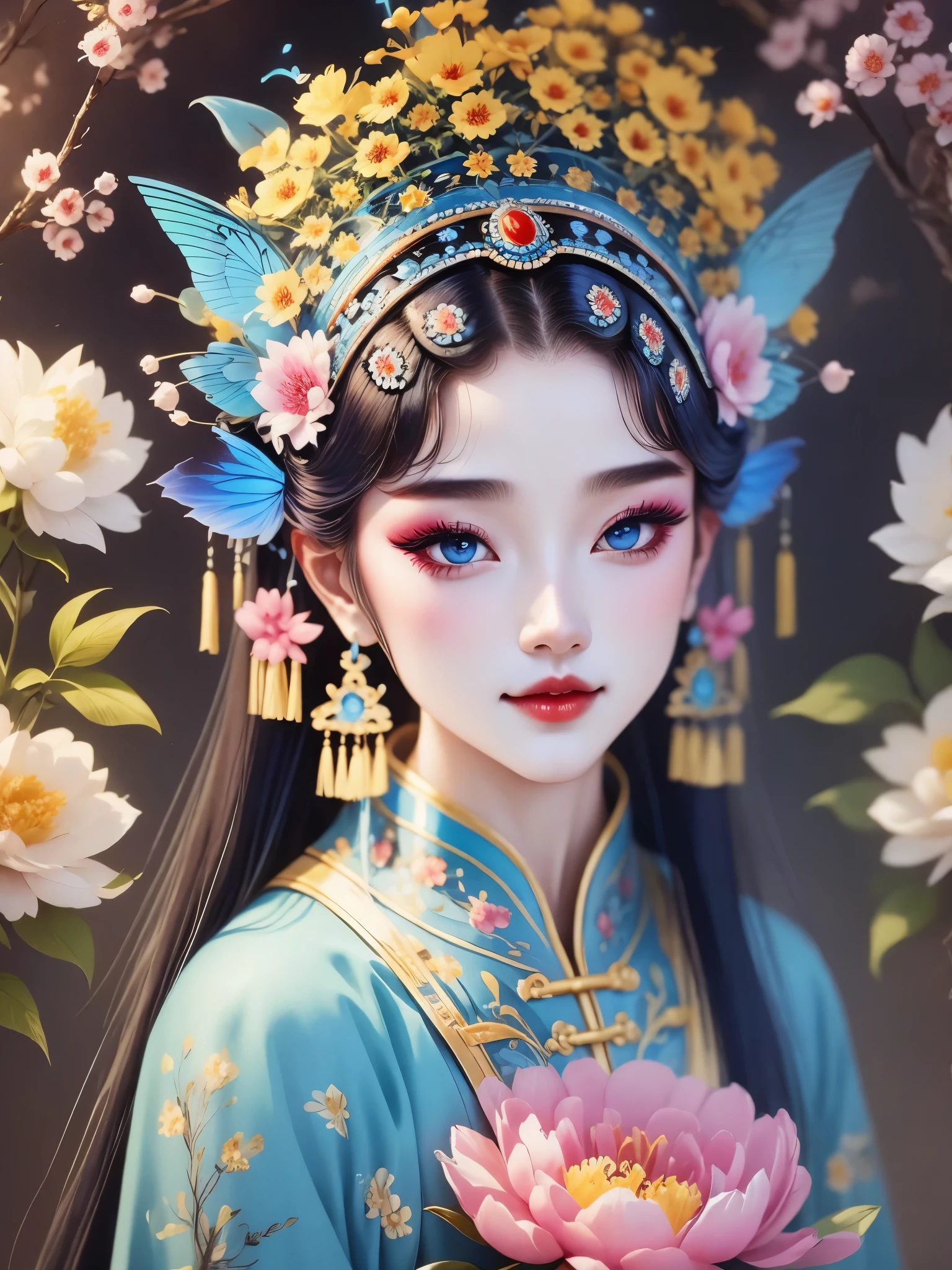 (masterpiece, best quality:1.2，lifelike：1.37), antiquity，Chinese style illustrations：（1 girl，bust，portrait ），exquisite facial features，Detailed drawing of eyes，eyelash，blush，long hair，Exquisite makeup，Beautiful pearls on the head，blue华丽的汉服，Garden background blurred，Simple，glowing butterfly，blue：1.37，huge peony flower：1.37