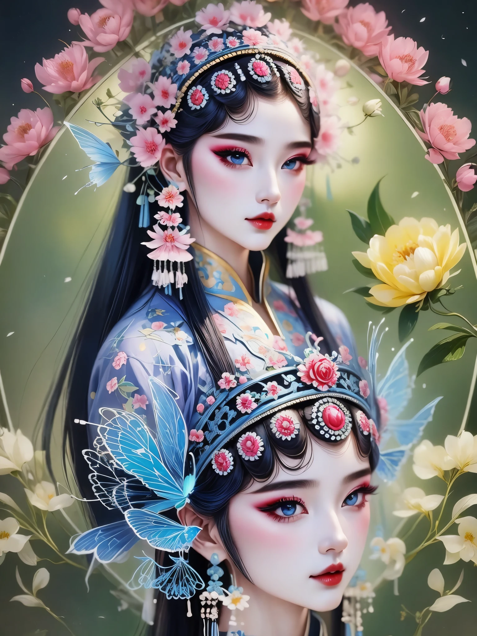 (masterpiece, best quality:1.2，lifelike：1.37), antiquity，Chinese style illustrations：（1 girl，bust，portrait ），exquisite facial features，Detailed drawing of eyes，eyelash，blush，long hair，Exquisite makeup，Beautiful pearls on the head，blue华丽的汉服，Garden background blurred，Simple，glowing butterfly，blue：1.37，huge peony flower：1.37
