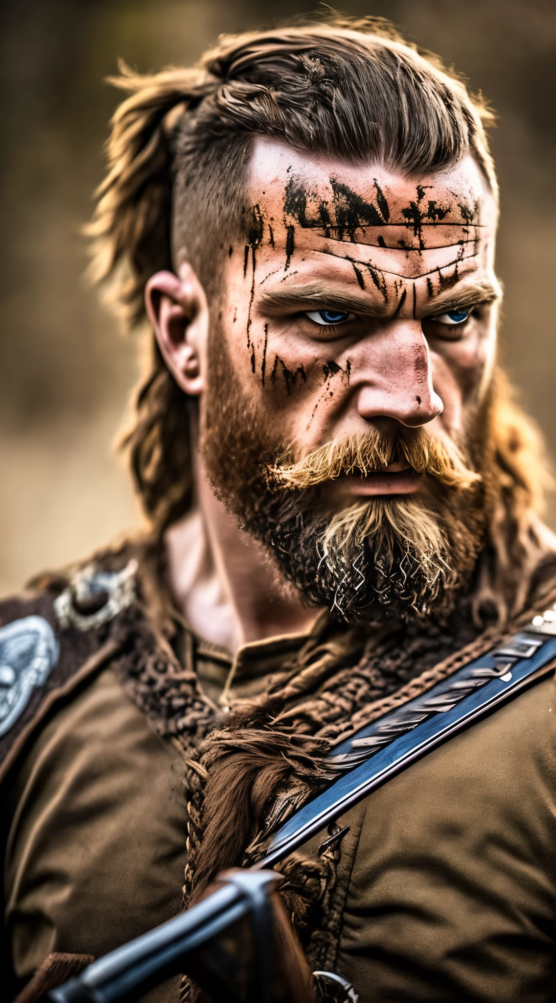 "(meilleure qualité)+ Haute résolution+ réaliste (Berserker viking) + expression intense + blessures de guerre + rugissement + muscular physique"