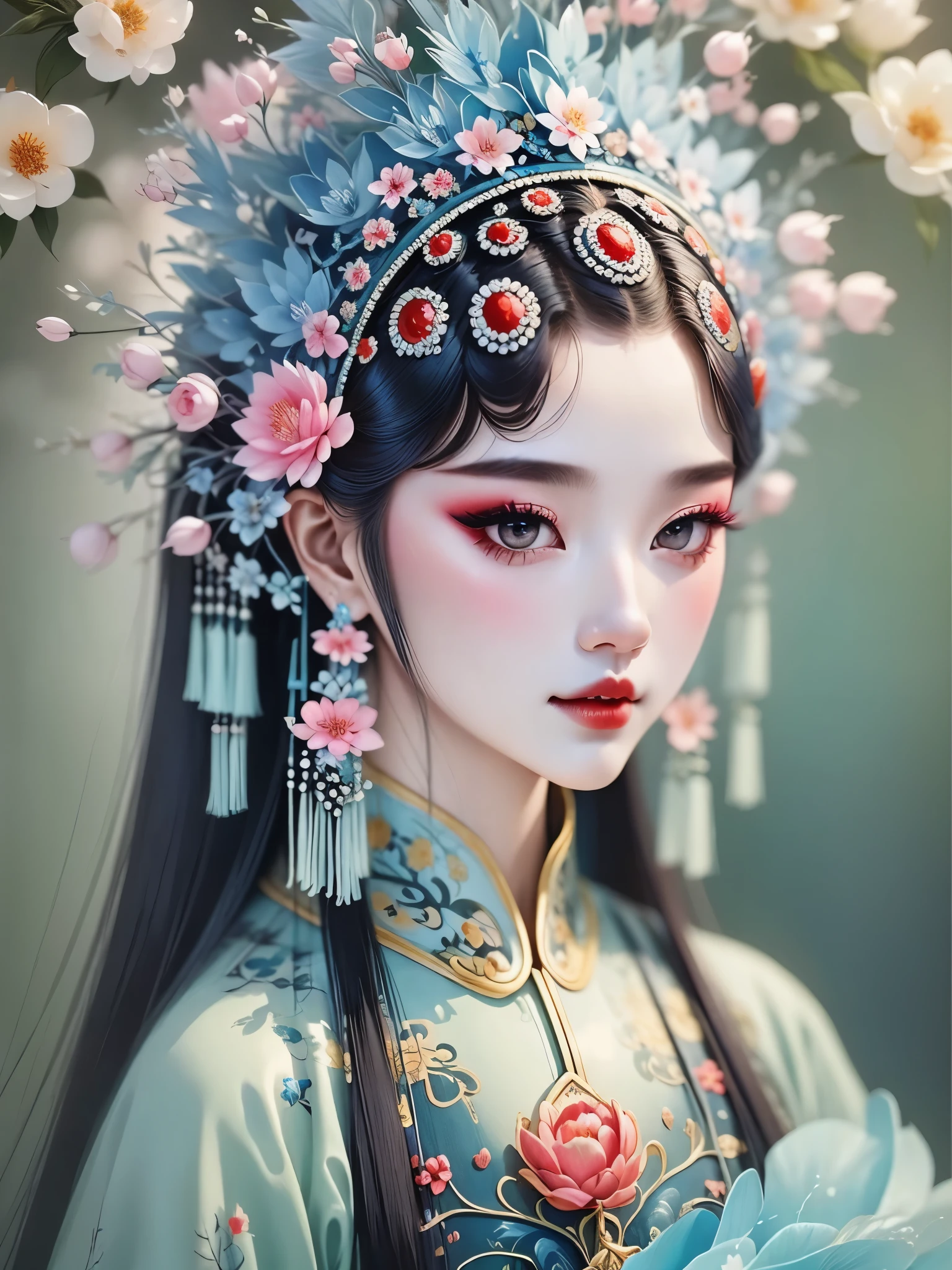 (masterpiece, best quality:1.2，lifelike：1.37), antiquity，Chinese style illustrations：（1 girl，bust，portrait ），exquisite facial features，Detailed drawing of eyes，eyelash，blush，long hair，Exquisite makeup，Beautiful pearls on the head，blue华丽的汉服，Garden background blurred，Simple，glowing butterfly，blue：1.37，huge peony flower：1.37