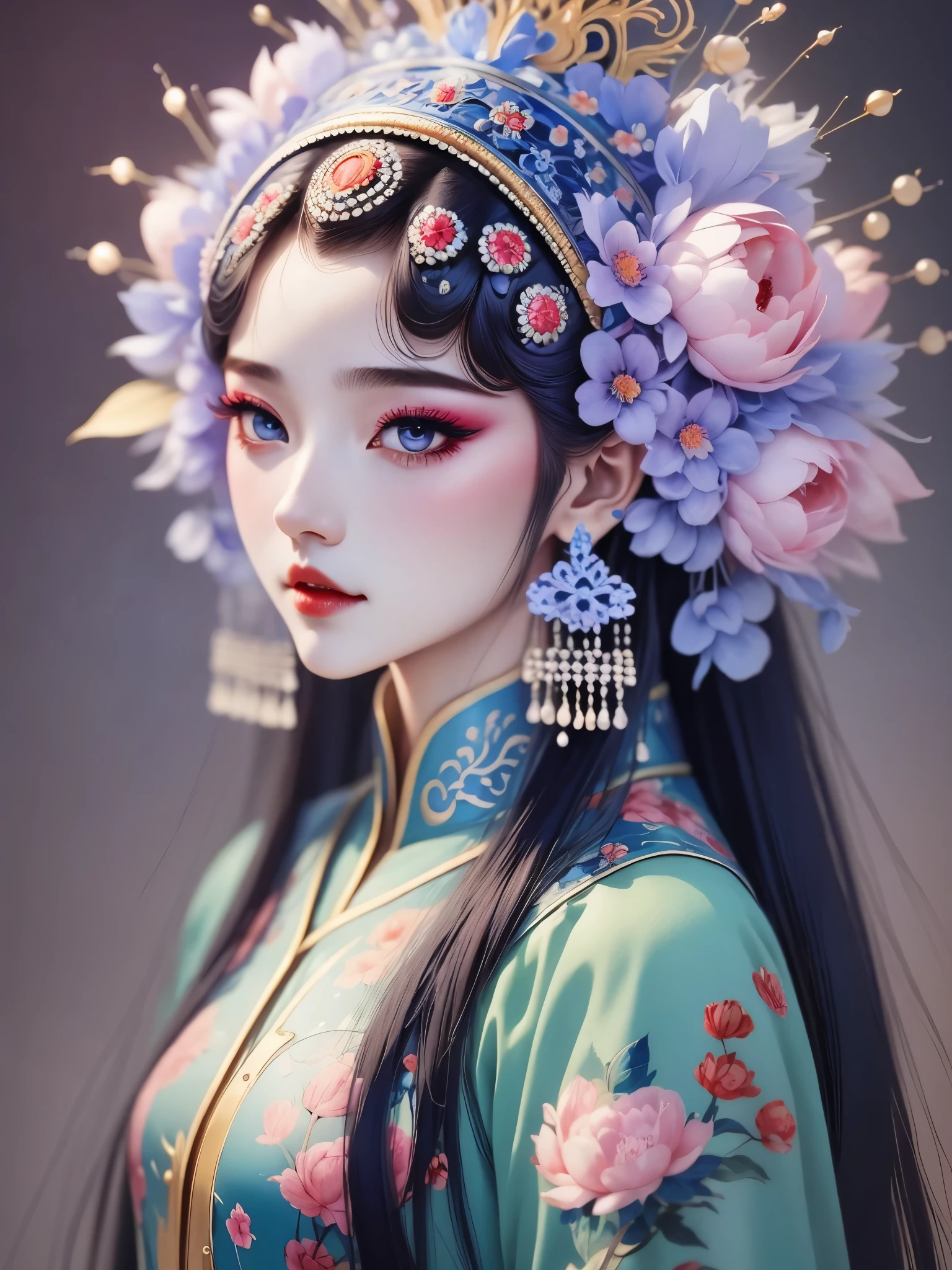 (masterpiece, best quality:1.2，lifelike：1.37), antiquity，Chinese style illustrations：（1 girl，bust，portrait ），exquisite facial features，Detailed drawing of eyes，eyelash，blush，long hair，Exquisite makeup，Beautiful pearls on the head，blue华丽的汉服，Garden background blurred，Simple，glowing butterfly，blue：1.37，huge peony flower：1.37