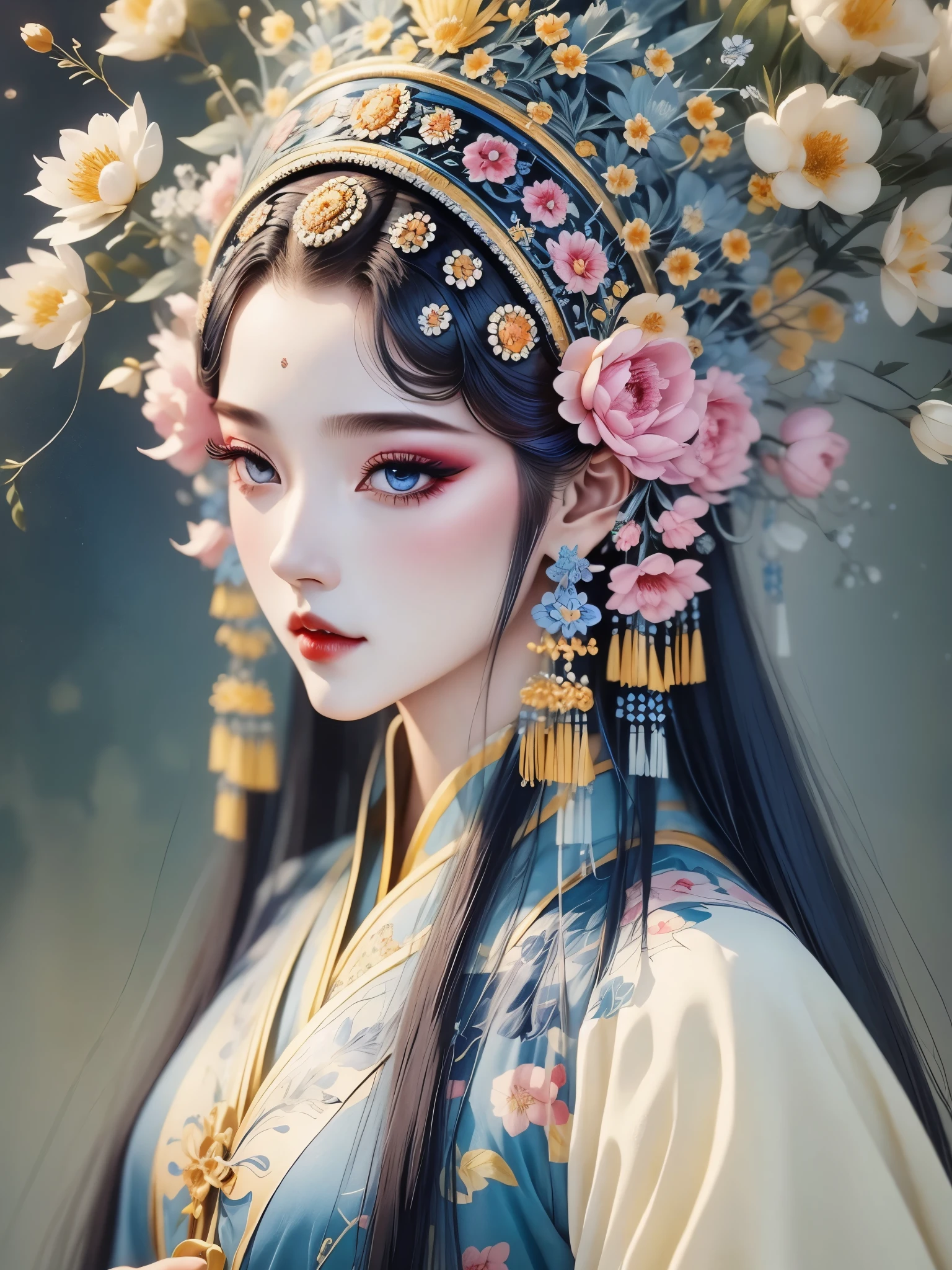 (masterpiece, best quality:1.2，lifelike：1.37), antiquity，Chinese style illustrations：（1 girl，bust，portrait ），exquisite facial features，Detailed drawing of eyes，eyelash，blush，long hair，Exquisite makeup，Beautiful pearls on the head，blue华丽的汉服，Garden background blurred，Simple，glowing butterfly，blue：1.37，huge peony flower：1.37