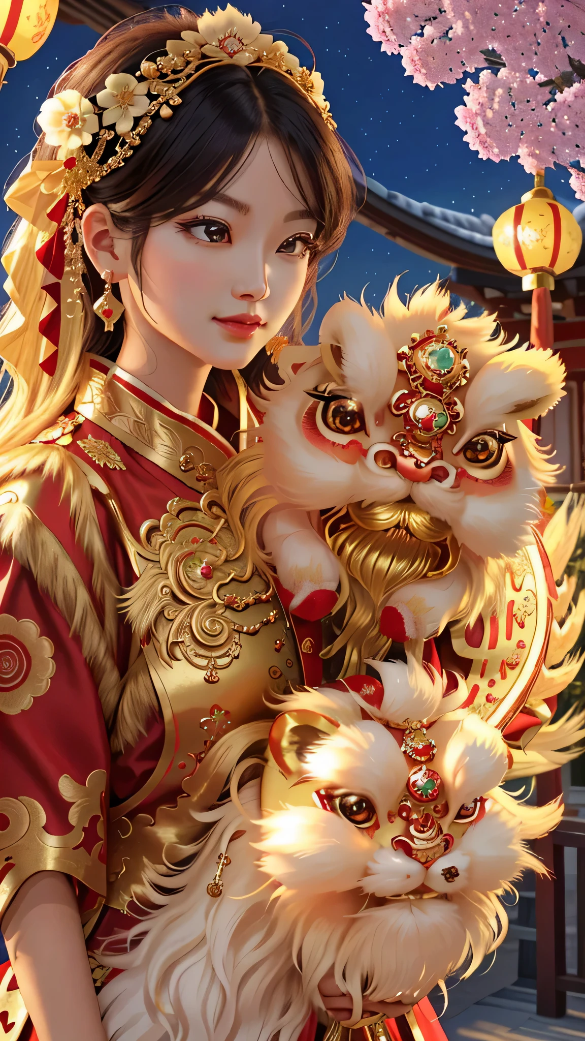 (best picture quality, 16k,8k, high quality, masterpiece :1.2), Super detailed, (actual, actual, actual :1.37), in the new year festival, Traditional lion dance performance, (Girl holding red gold thread hydrangea:1.3), Lion dance is powerful, Blinking constantly、shake head, girl and lion dance, The lion's head is beautifully made, Red gemstone eyes, blue gemstone forehead decoration, Gorgeous and luxurious lion's head artwork, Chinese elements, Traditional cultural background, Traditional craftsmanship, Exquisite handwork, Rich, majestic, sparkling gems, Lifelike details, bright colors, Glossy polished surface, decorate, east asian heritage, cultural heritage, antique, bronze sculpture, symbol of power and strength, Traditional lion dance, hit center, Sophisticated design, true presentation, impressive craftsmanship.