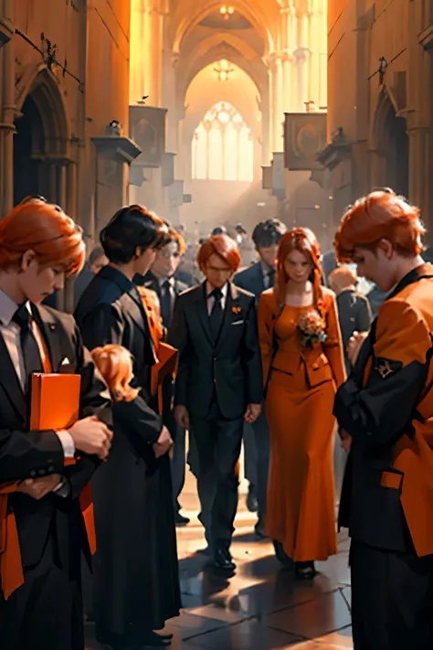 a group of 16 year old people gathered with orange hair black and orange suits elegant but going to a funeral they are sad and c...