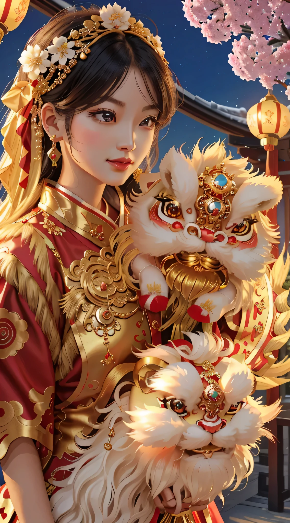 (best picture quality, 16k,8k, high quality, masterpiece :1.2), super detailed, (actual, actual, actual :1.37), in the new year festival, Traditional lion dance performance, (Girl holding red gold thread hydrangea:1.3), Lion dance is powerful, Constant flickering、shake head, girl and lion dance, The lion head is beautifully made, red gem eyes, blue gemstone forehead decoration, Gorgeous and luxurious lion's head artwork, Chinese elements, Traditional cultural background, Traditional craftsmanship, Exquisite handwork, rich, majestic, sparkling gems, Lifelike details, bright colors, Glossy polished surface, decorate, east asian heritage, cultural heritage, antique, bronze sculpture, symbol of power and strength, Traditional lion dance, hit center, Sophisticated design, true presentation, impressive craftsmanship.