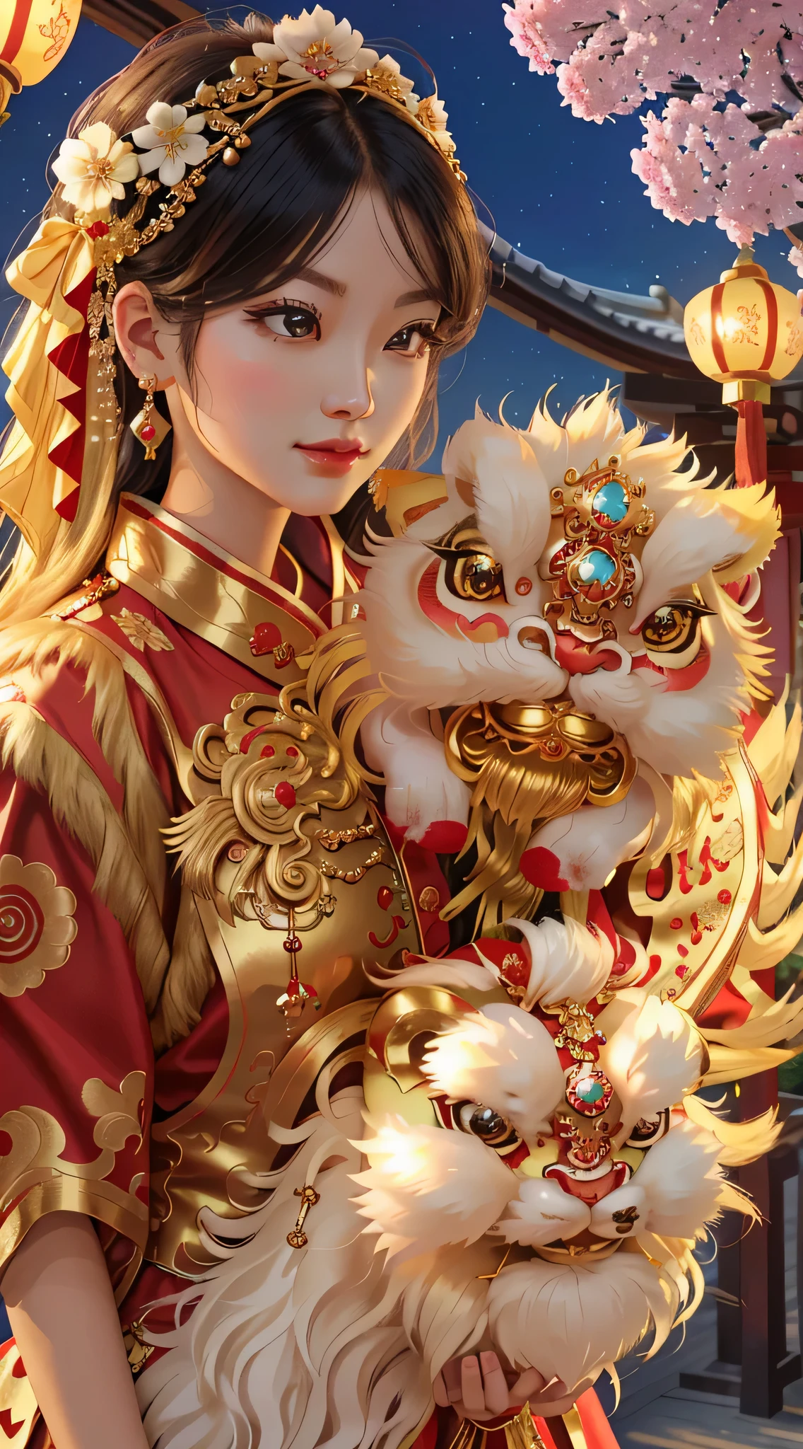 (best picture quality, 16k,8k, high quality, masterpiece :1.2), super detailed, (actual, actual, actual :1.37), in the new year festival, Traditional lion dance performance, (Girl holding red gold thread hydrangea:1.3), Lion dance is powerful, Constant flickering、shake head, girl and lion dance, The lion head is beautifully made, red gem eyes, blue gemstone forehead decoration, Gorgeous and luxurious lion's head artwork, Chinese elements, Traditional cultural background, Traditional craftsmanship, Exquisite handwork, rich, majestic, sparkling gems, Lifelike details, bright colors, Glossy polished surface, decorate, east asian heritage, cultural heritage, antique, bronze sculpture, symbol of power and strength, Traditional lion dance, hit center, Sophisticated design, true presentation, impressive craftsmanship.