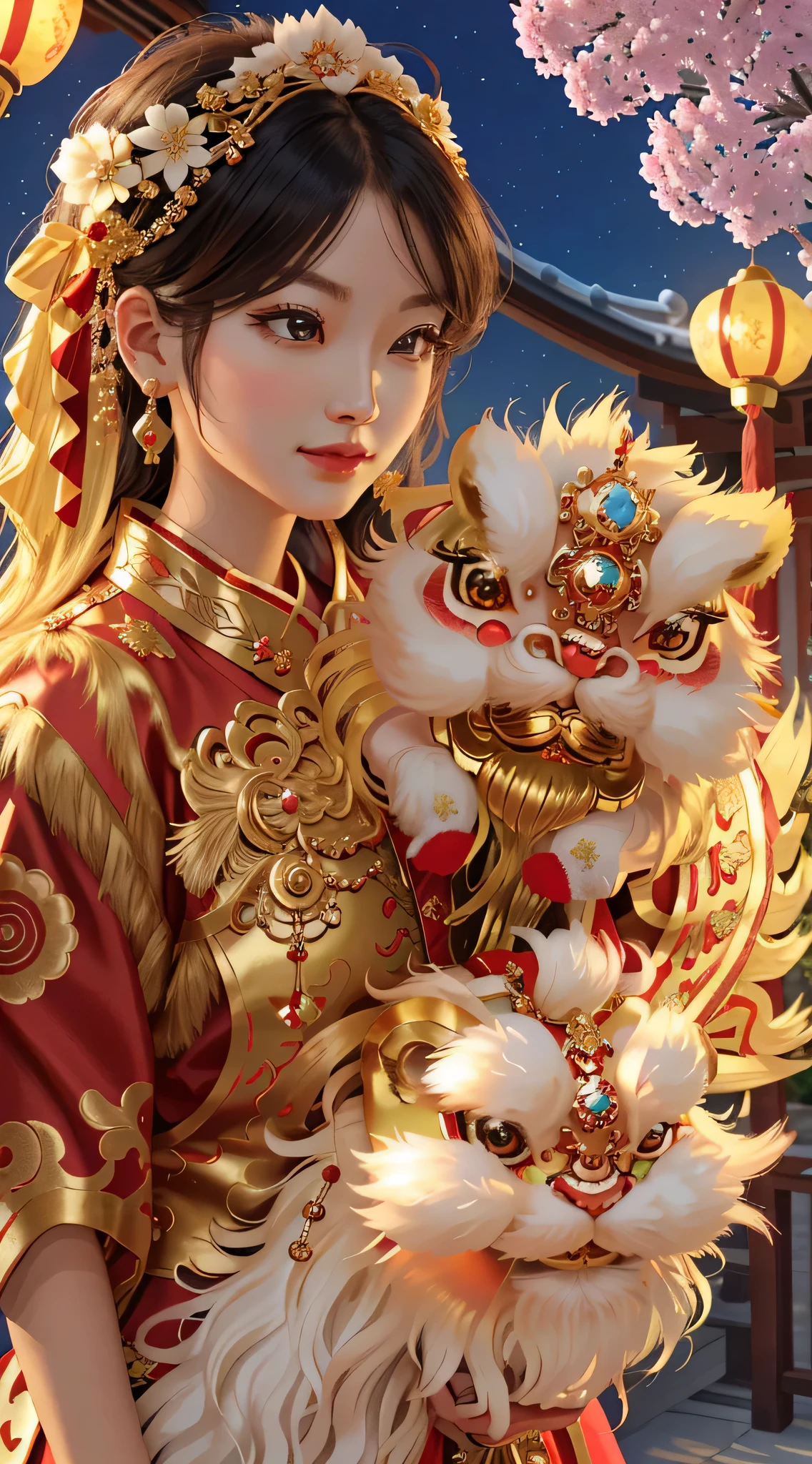 (best picture quality, 16k,8k, high quality, masterpiece :1.2), super detailed, (actual, actual, actual :1.37), in the new year festival, Traditional lion dance performance, (Girl holding red gold thread hydrangea:1.3), Lion dance is powerful, Constant flickering、shake head, girl and lion dance, The lion head is beautifully made, red gem eyes, blue gemstone forehead decoration, Gorgeous and luxurious lion's head artwork, Chinese elements, Traditional cultural background, Traditional craftsmanship, Exquisite handwork, rich, majestic, sparkling gems, Lifelike details, bright colors, Glossy polished surface, decorate, east asian heritage, cultural heritage, antique, bronze sculpture, symbol of power and strength, Traditional lion dance, hit center, Sophisticated design, true presentation, impressive craftsmanship.