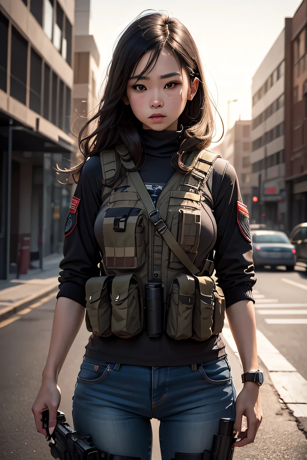 (8k, realistic, RAW photo, highest quality,written boundary depth: 1.4),realistic,Photoreal,very delicate and beautiful,very detailed,finely,Super detailed,High resolution:1.3,(1 girl),hyperrealistic,((Accurate and detailed human body:1.3)),Girl Holding a Gun,Wearing camouflage clothing,I also wear a tactical vest..,In the background is a destroyed concrete building、Owns assault rifle M4 carbine、