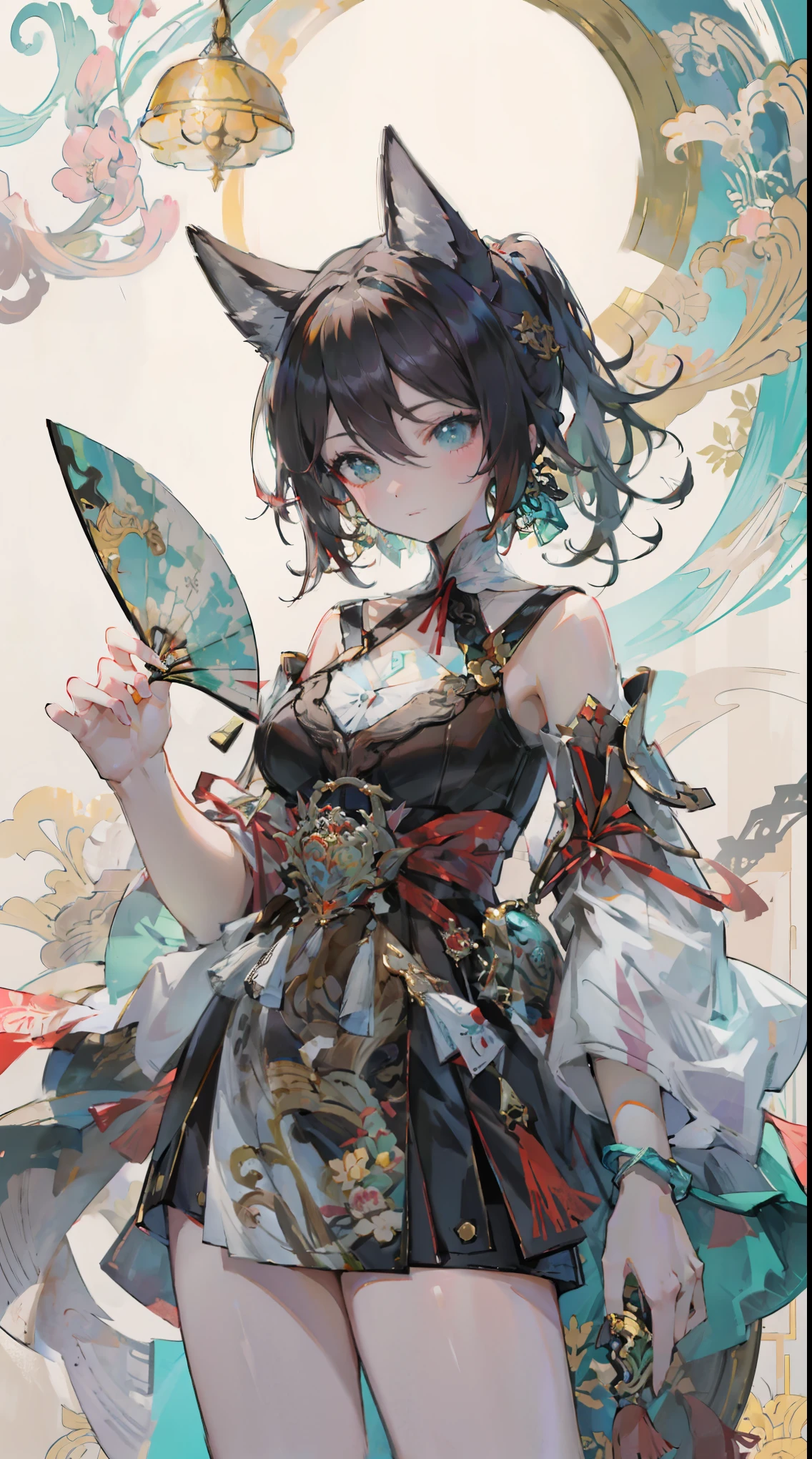 masterpiece, 1girl, tingyun, creepy smile, close-up, (monochrome:0.8), dead eyes, holding up a bell, pattern background, dark cyan tint, character in lower half of image, golden spiral type composition