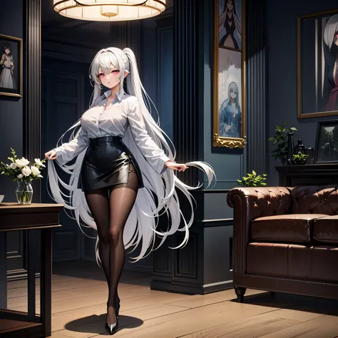 ((1 girl)), solo, ray tracing,(dim lighting),(detailed background (living room)),((silver hair)),((silver hair)),(Fluffy silver ...