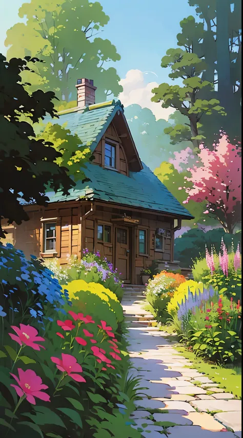 ((masterpiece)),((best quality)),((high detial)) painting of a house in a garden with flowers and trees, flowery cottage, cottag...