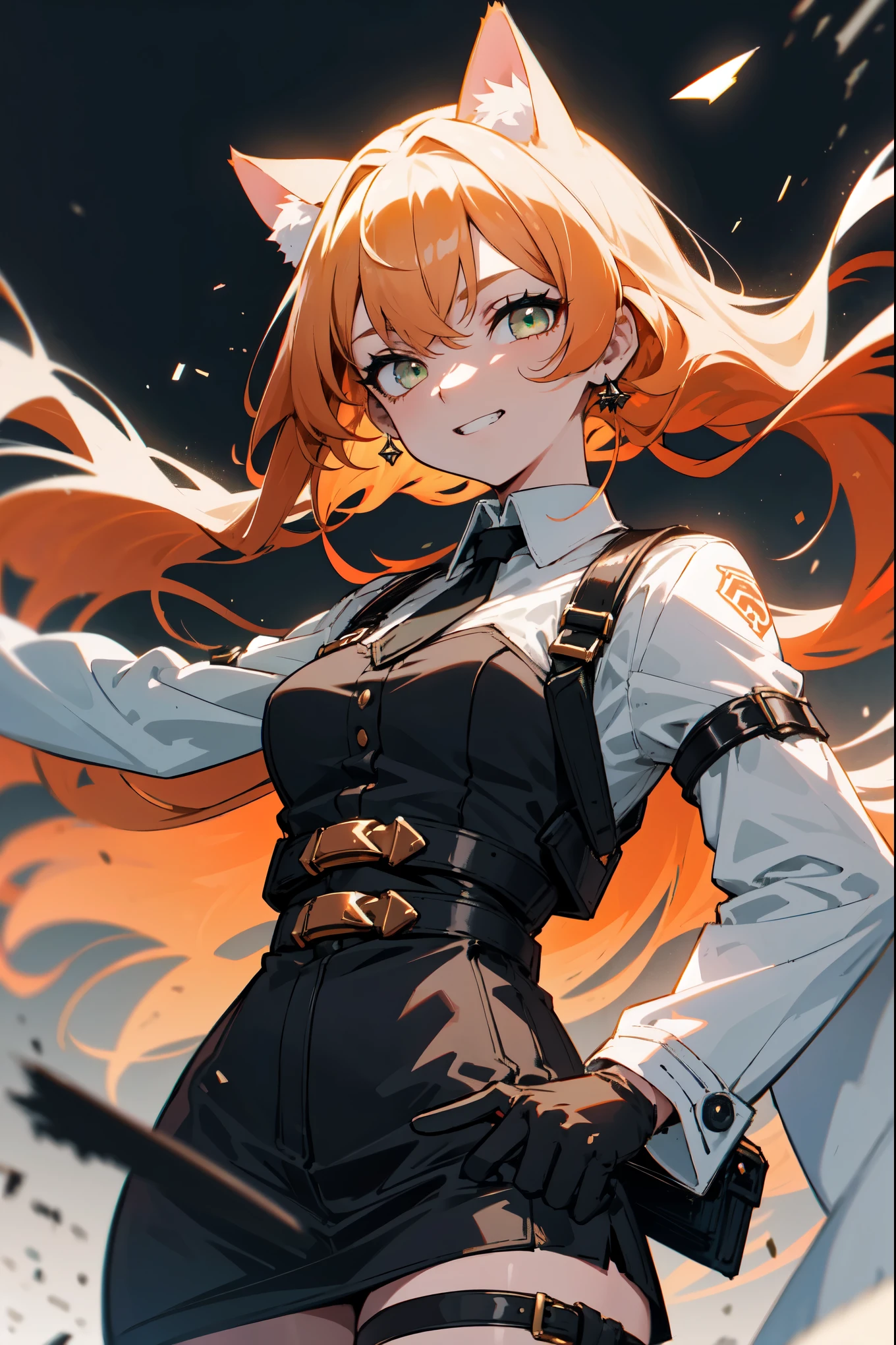 1girl, woman, solo, long hair, big hair, athletic, dark Green eyes, Copper-colored orange hair, cat ears, small breasts, devilish grin from below, white hair, (overcoat, black coat, open coat:1.2), white shirt, collared shirt, (chest harness, shoulder strap:1.15), Black miniskirt, garters Gaze, small face bangss, holster, gloves, ((from below)), elegant, looking at viewer, standing, chromatic aberration, (close-up to face:1.2), face only masterpiece, best quality, 4k