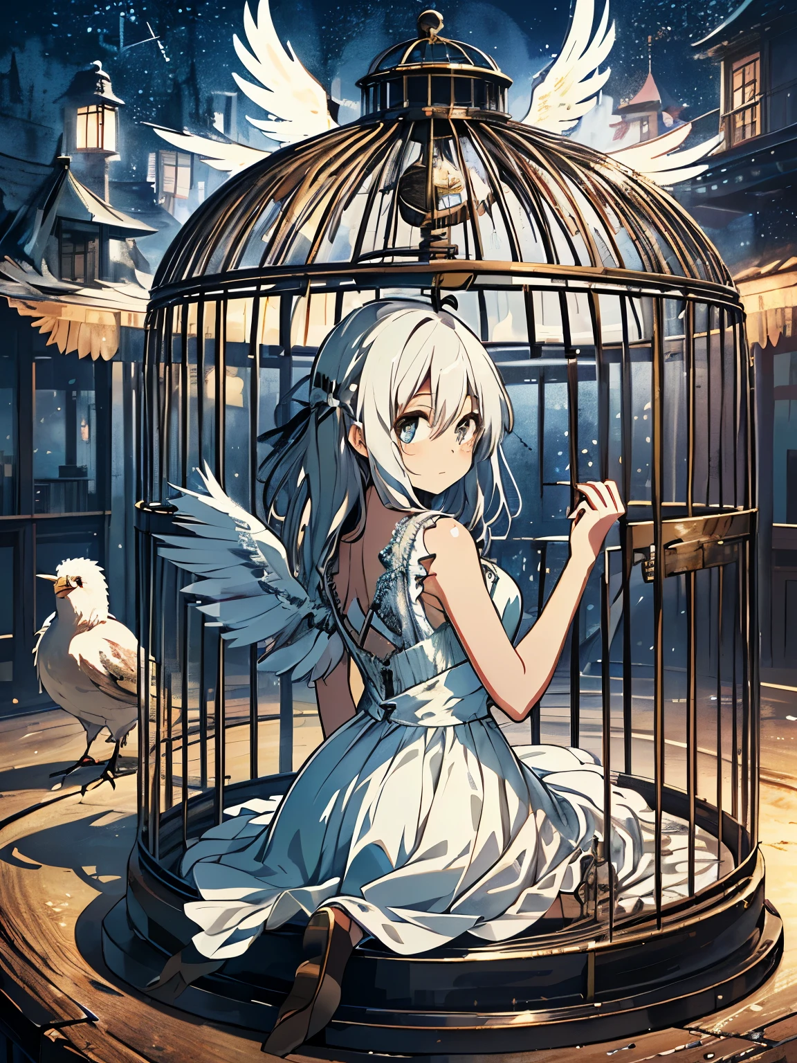 巨大的birdcage，birdcage里关着一名天使，The girl has huge feather wings on her back，Tattered white dress，white messy long hair，night，starry sky，moon，Sad expression crying，blood，birdcage，巨大birdcage，cage，被关在cage里，