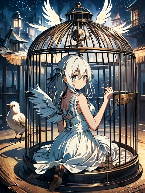 巨大的birdcage，birdcage里关着一名天使，the girl has huge feather wings on her back，tattered white dress，white messy long hair，night，starry ...