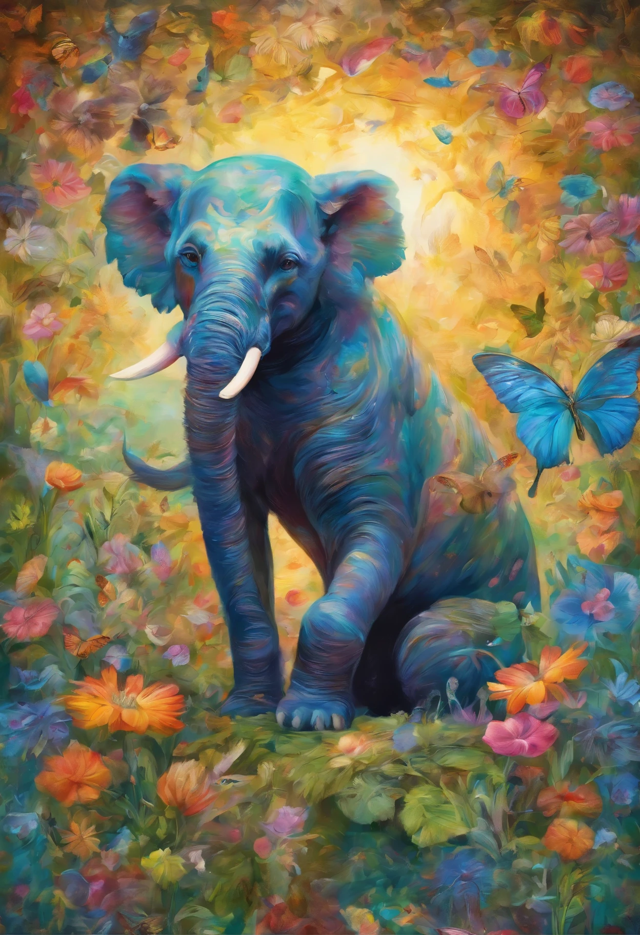 Painting of an elephant sitting in a field of flowers with butterflies -  SeaArt AI