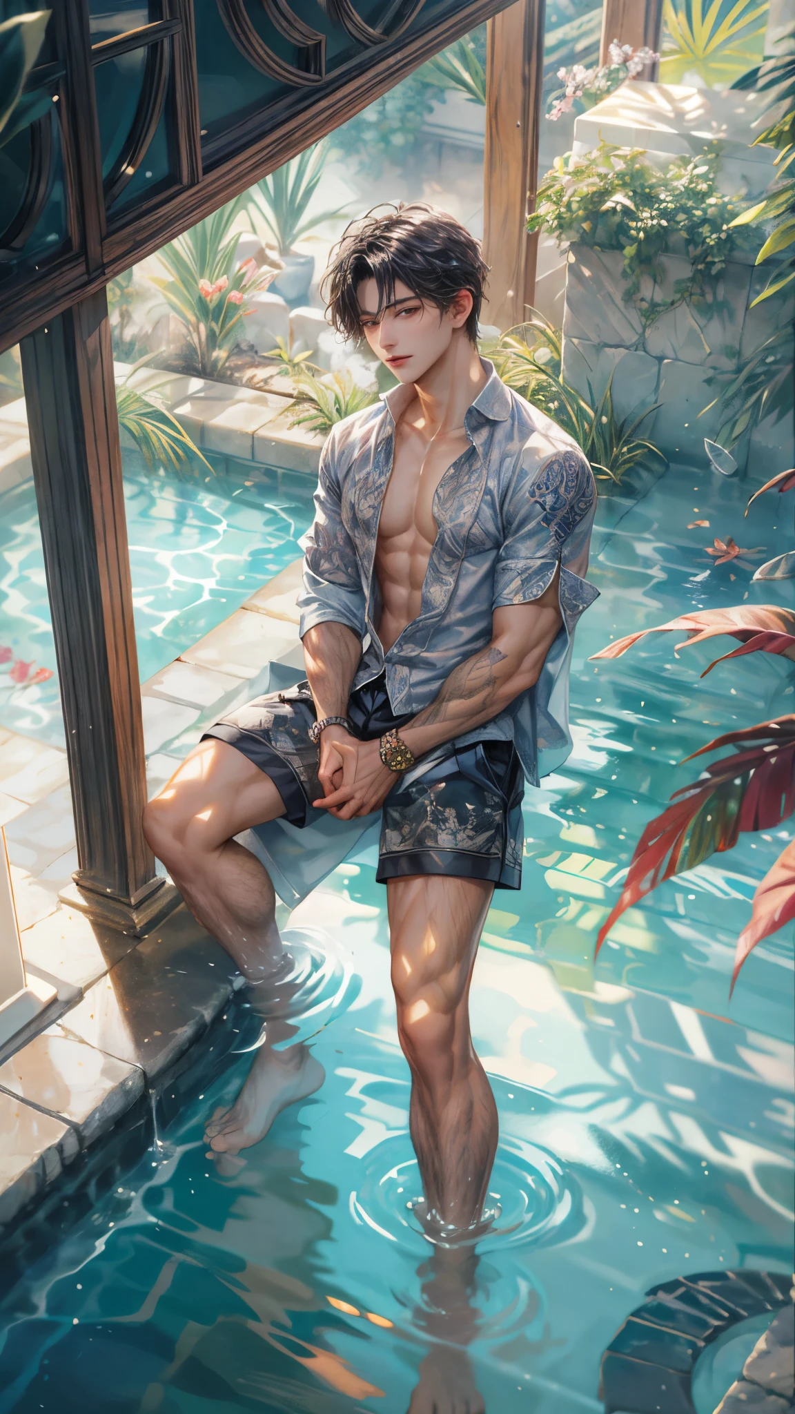 (absurdres, highres, ultra detailed, HDR), masterpiece, intricate, best quality, view from below:1.1, portrait of a handsome anime character from ayashino ceres, short hair, original hair, towel on shoulder, captivating scene , boy enjoying a luxurious poolside. happy face, topless, see through shirt showing chest, wearing very short shorts showing legs, slightly hairy, Incorporate elements of nature, architecture, and the character's unique charm to create a visually stunning and immersive environment, art kenouji.