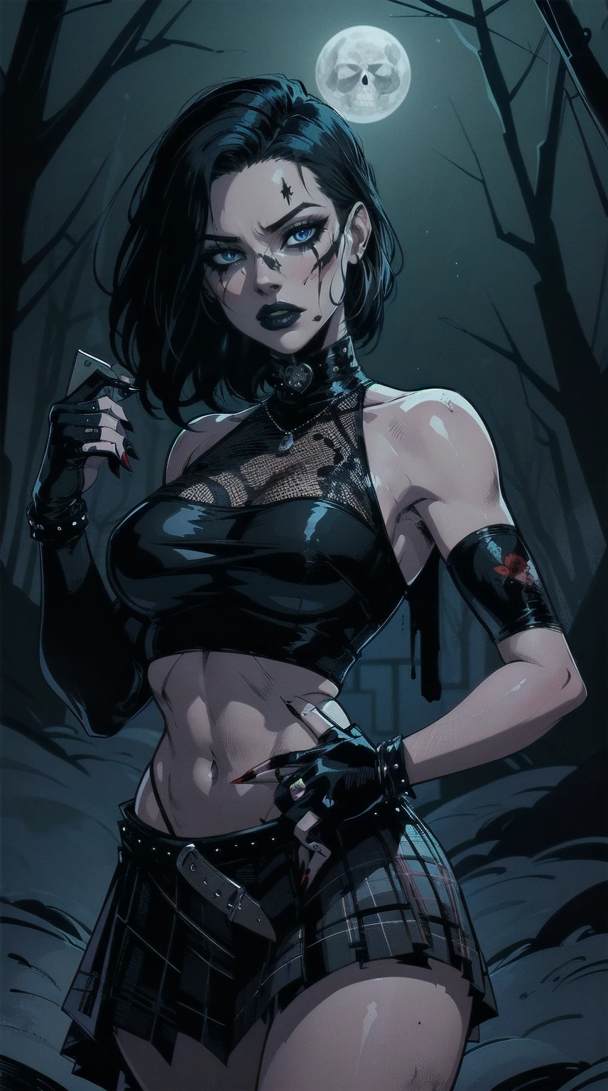 moonlight , a woman with short black hair, hair on shoulders,  wearing a black cropped  and plaid skirt, blue eyes, zombie art, gothic art, cute aesthetic with vibe, toon aesthetic, wearing red costume, wearing gothic accessories, look like Cassie Hack, whole body, holding a skull in his hand, horror background